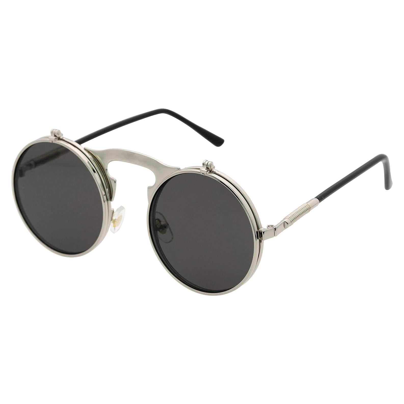 Gafas de Sol Retro J&L Steampunk con Flip-Up Plata/Negro