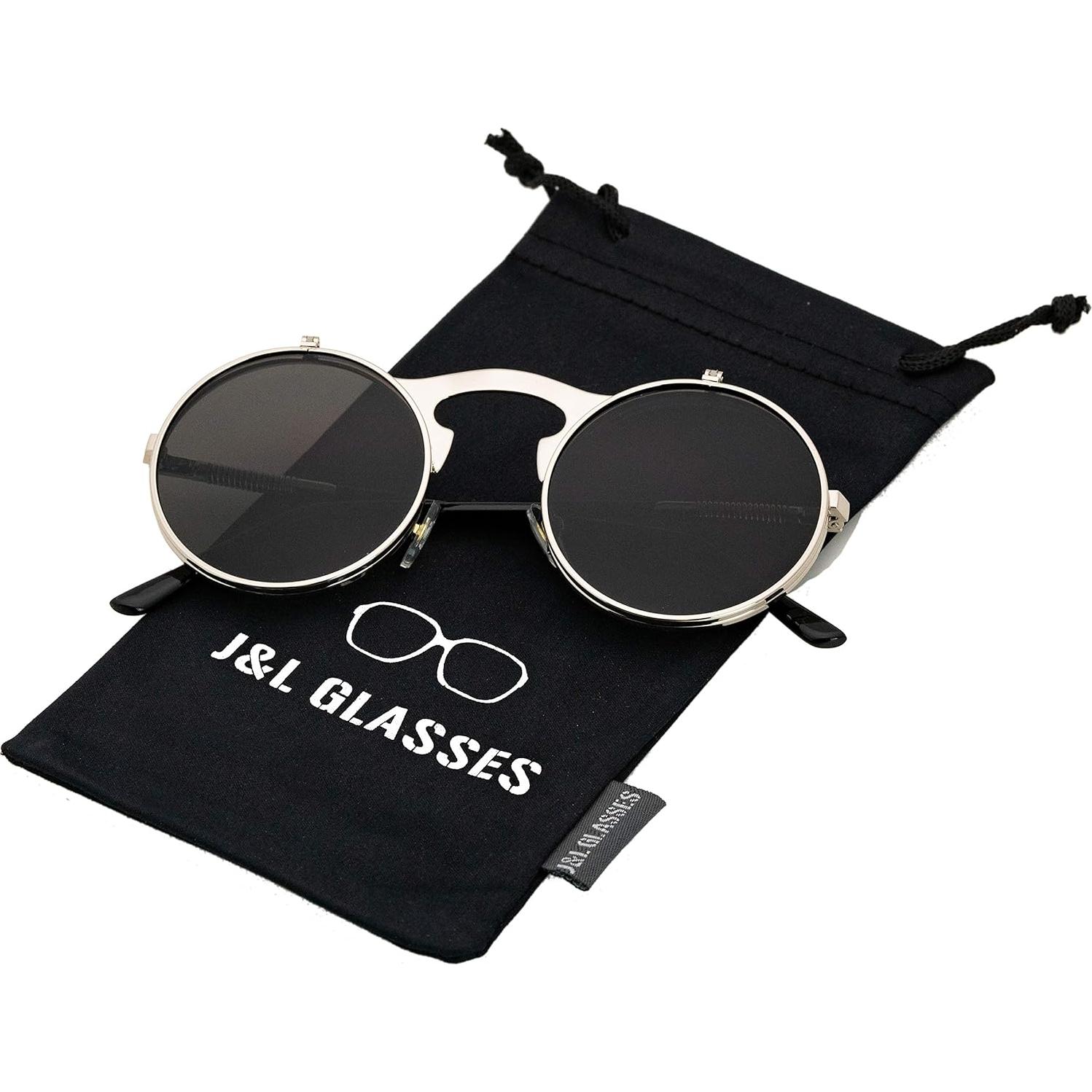 Gafas de Sol Retro J&L Steampunk con Flip-Up Plata/Negro