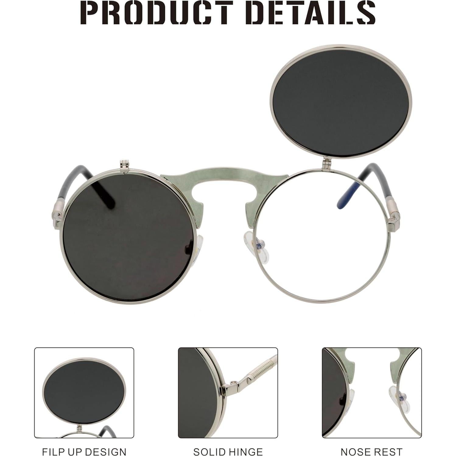 Gafas de Sol Retro J&L Steampunk con Flip-Up Plata/Negro