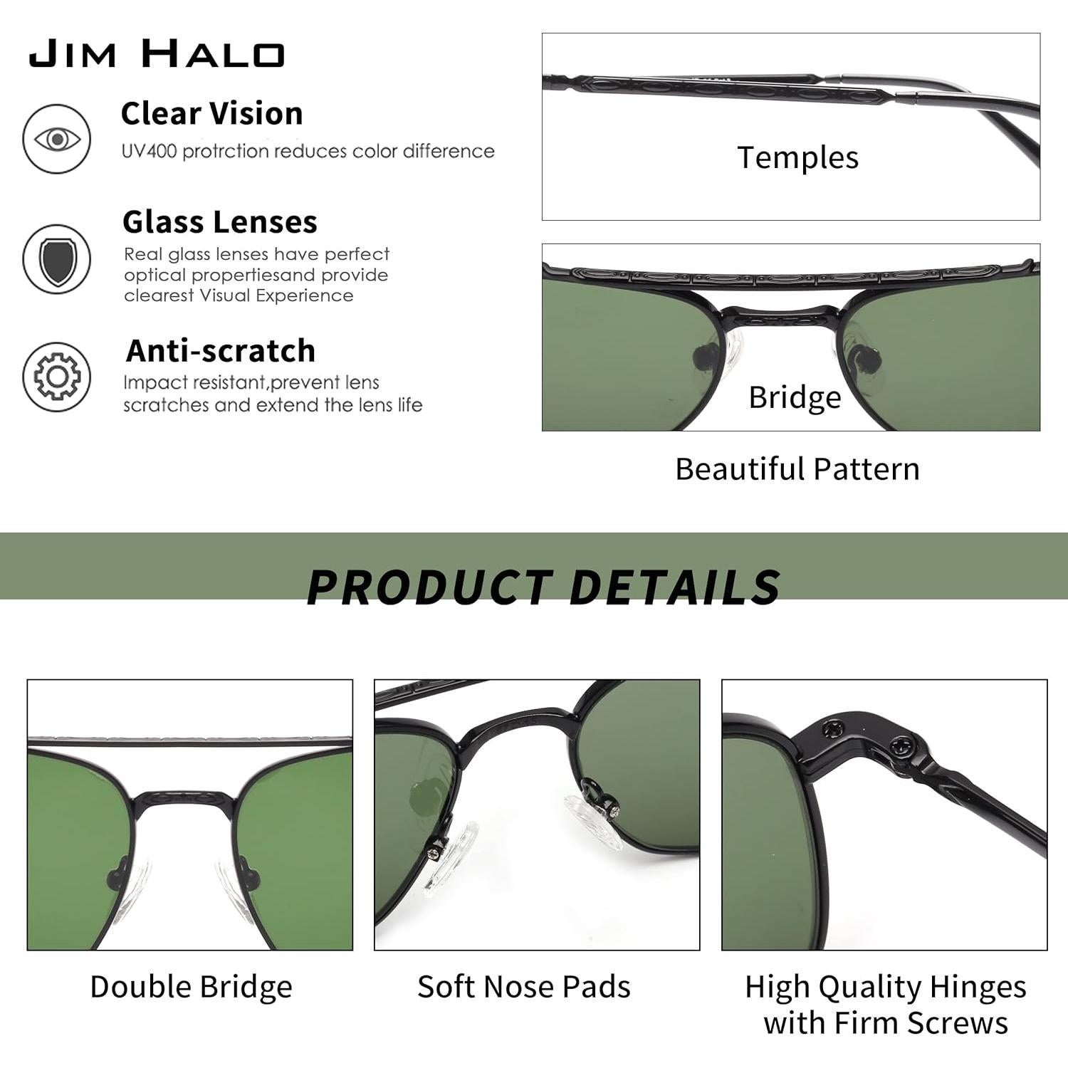 Gafas de Sol Cuadradas Aviador JIM HALO Lentes de Vidrio