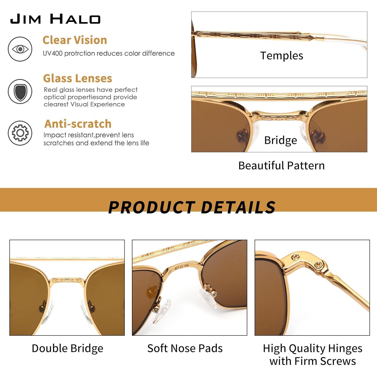 Gafas de Sol Aviador JIM HALO Lentes de Vidrio UV