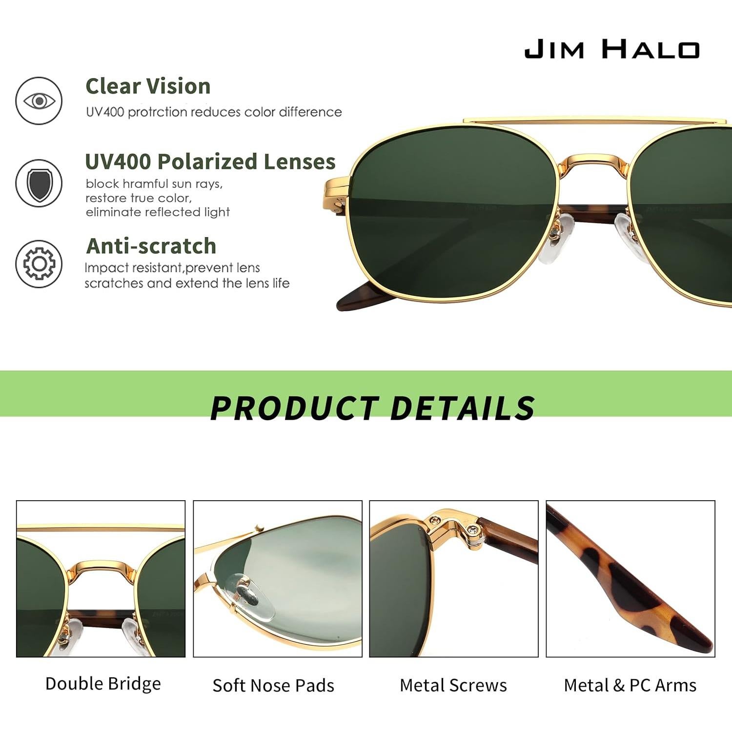 Gafas de Sol Aviador JIM HALO Lentes Verde Polarizado
