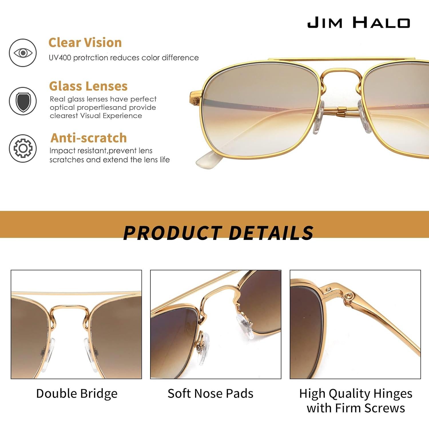 Gafas de Sol Aviador JIM HALO con Lentes de Vidrio UV400