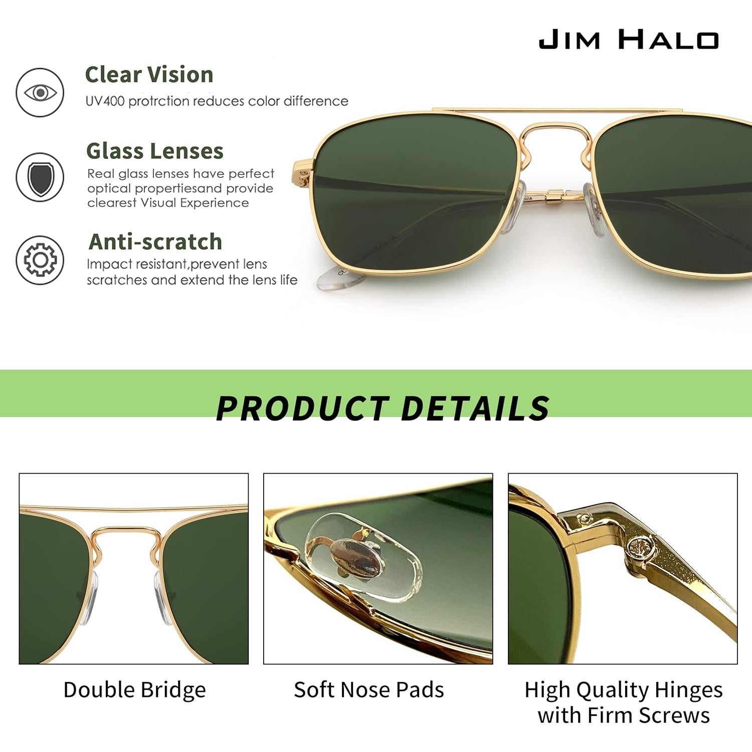 Gafas de Sol Aviador JIM HALO Montura Dorada Lente Verde