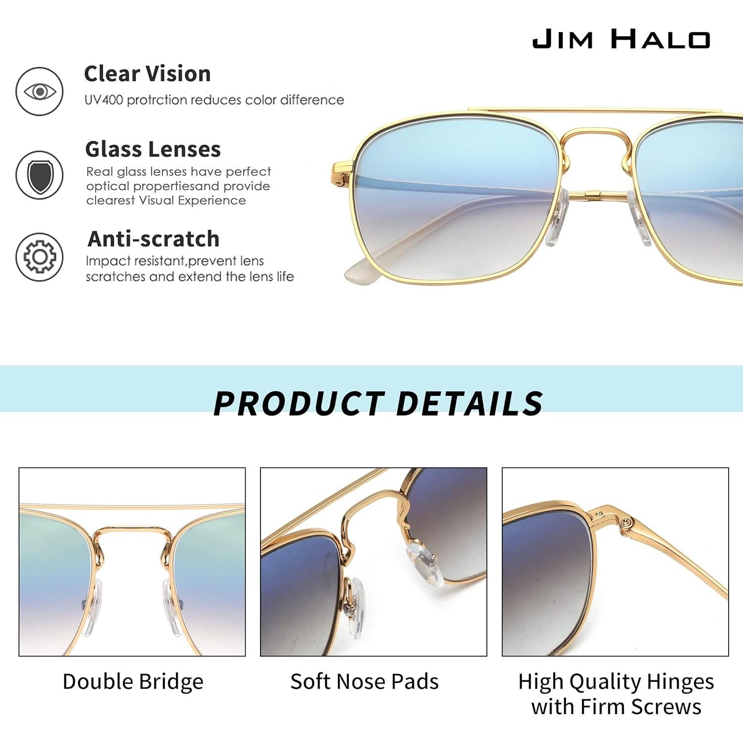 Gafas de Sol Cuadradas JIM HALO Lentes de Vidrio UV400