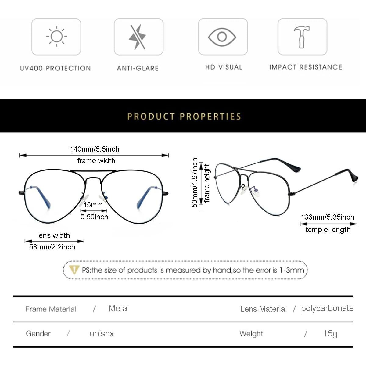 Gafas Aviador Gleyemor Anti Luz Azul 58mm Unisex