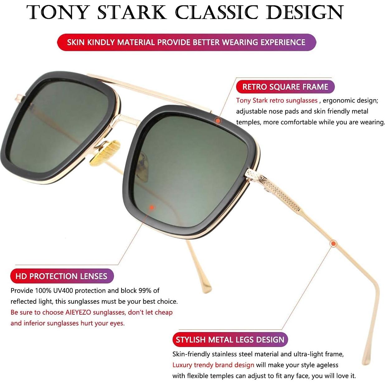 Gafas de sol AIEYEZO Tony Stark Cuadradas UV 100% Oro/Negro