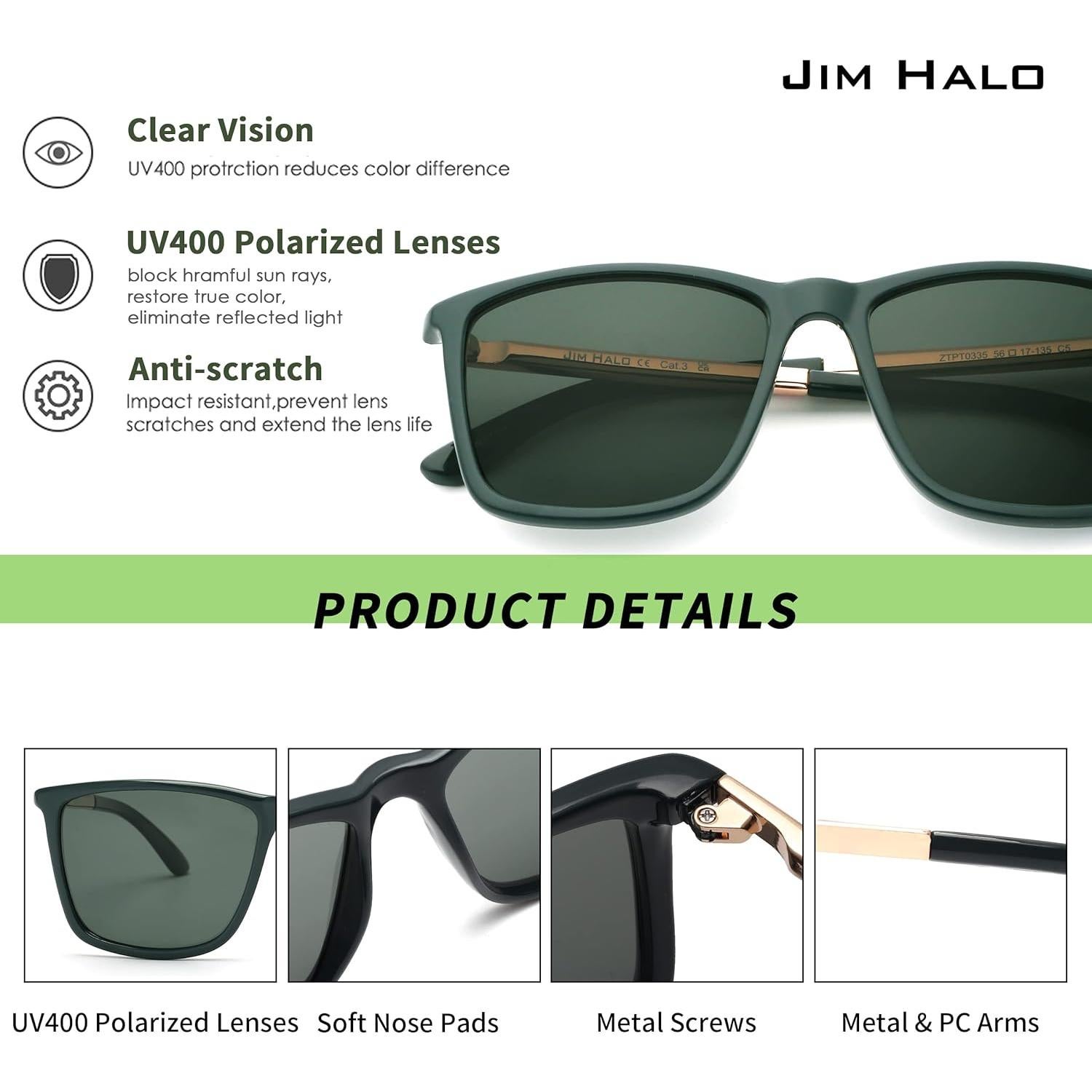 Gafas de Sol Polarizadas Jim Halo Retro Cuadradas UV 56mm