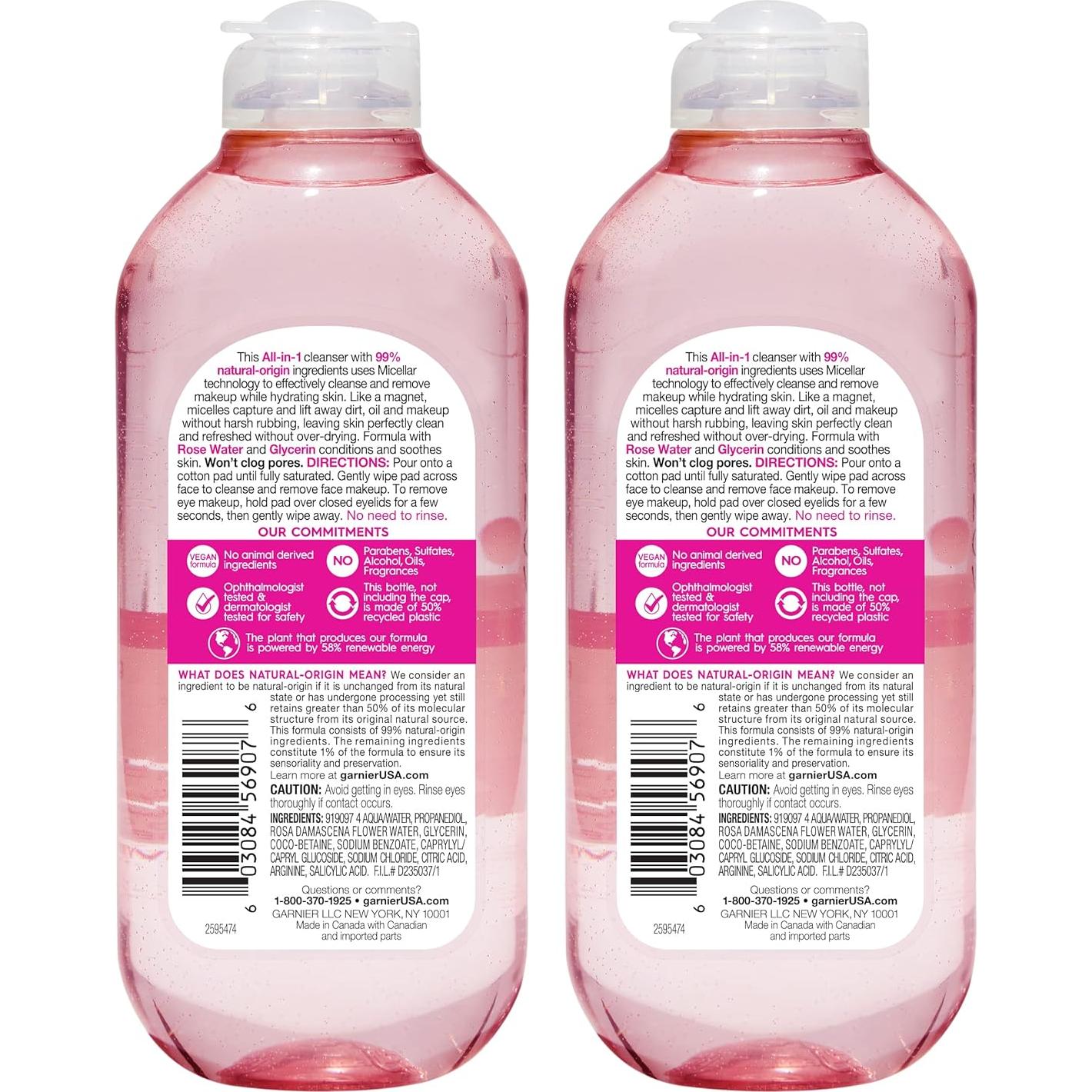 Agua Micelar Garnier Rosa 400ml Hidratante Vegano 2 Pzs