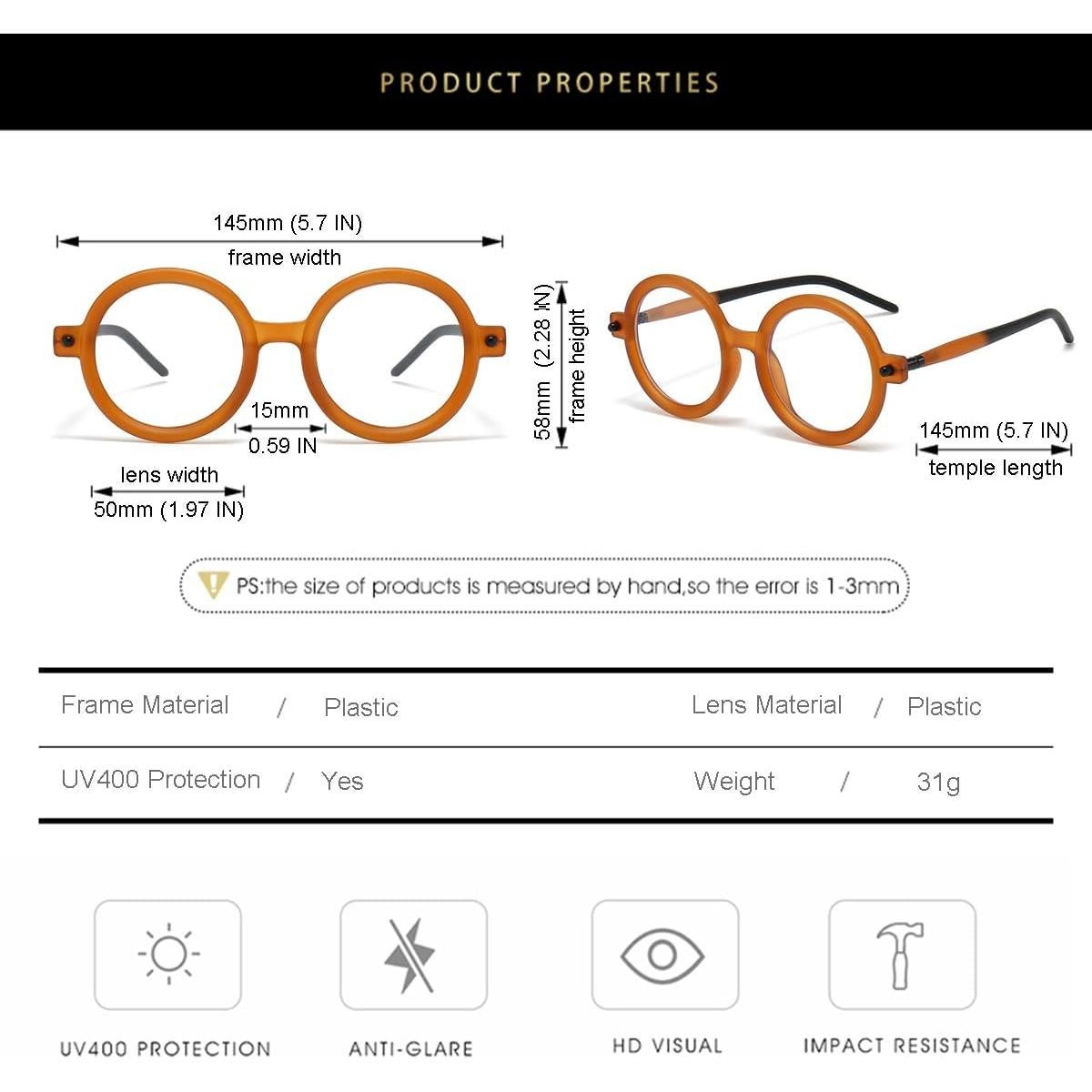 Gafas Retro Gleyemor UV400 Anti Luz Azul Unisex Naranja