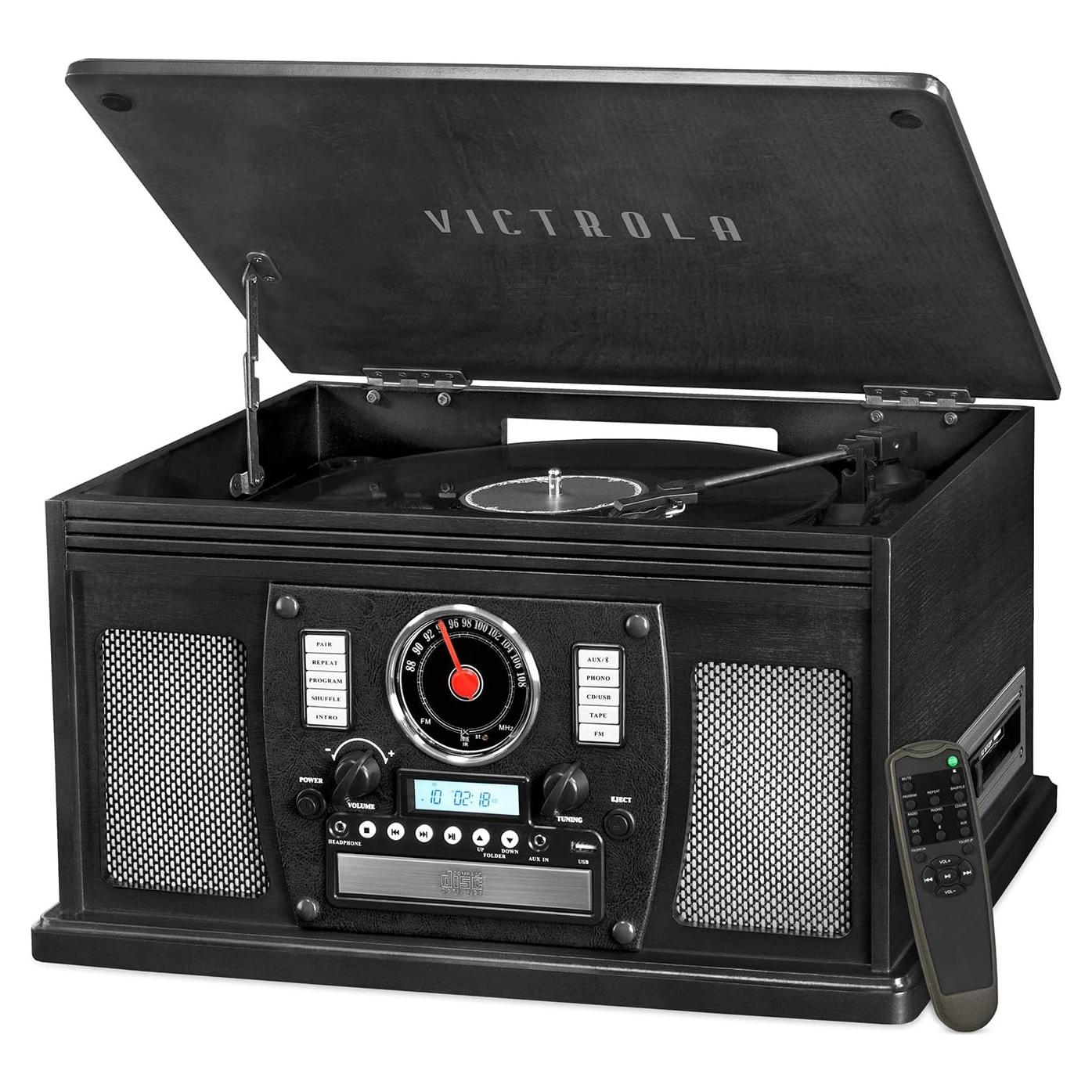 Tocadiscos Victrola 8-en-1 Bluetooth Madera Real Negro
