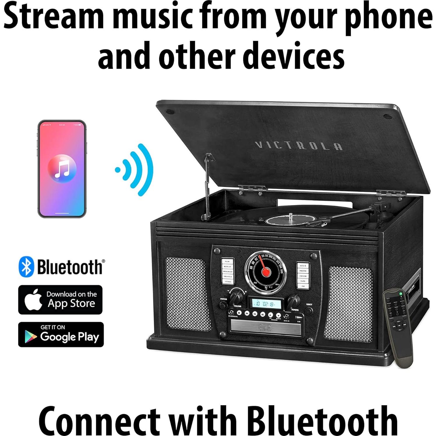 Tocadiscos Victrola 8-en-1 Bluetooth Madera Real Negro