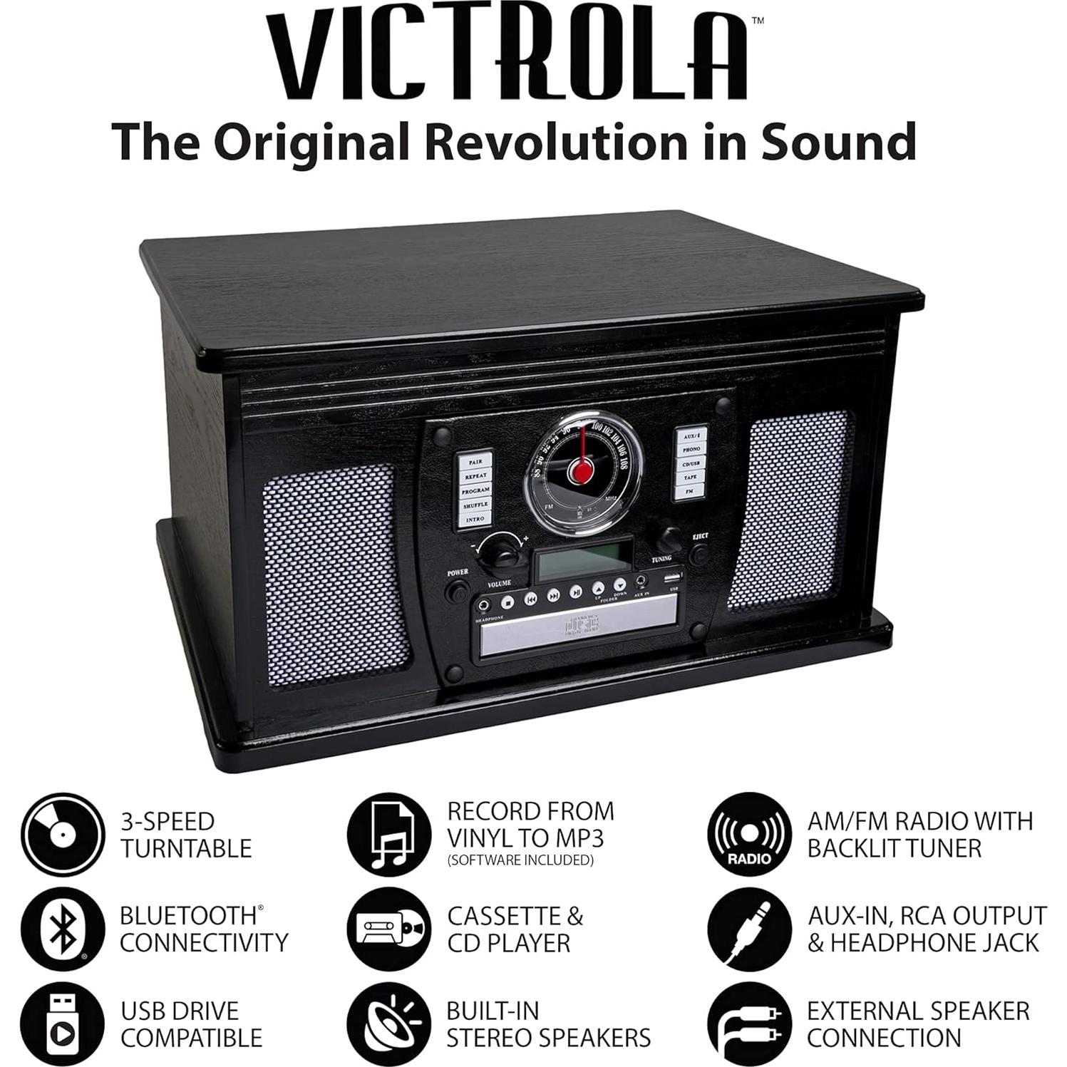 Tocadiscos Victrola 8-en-1 Bluetooth Madera Real Negro