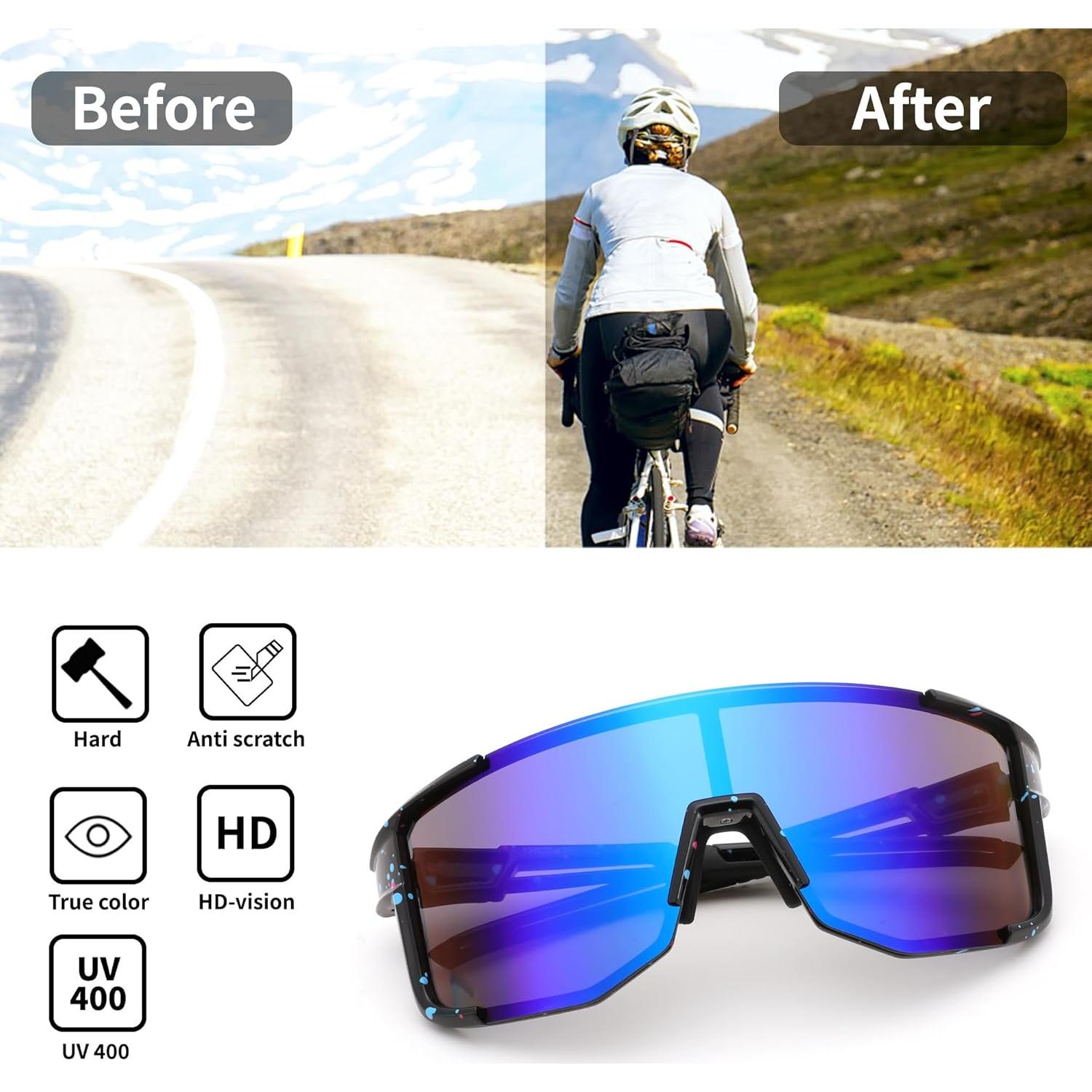 Gafas de Ciclismo FEISEDY UV400 Marco TR90 Negro Espejo Azul