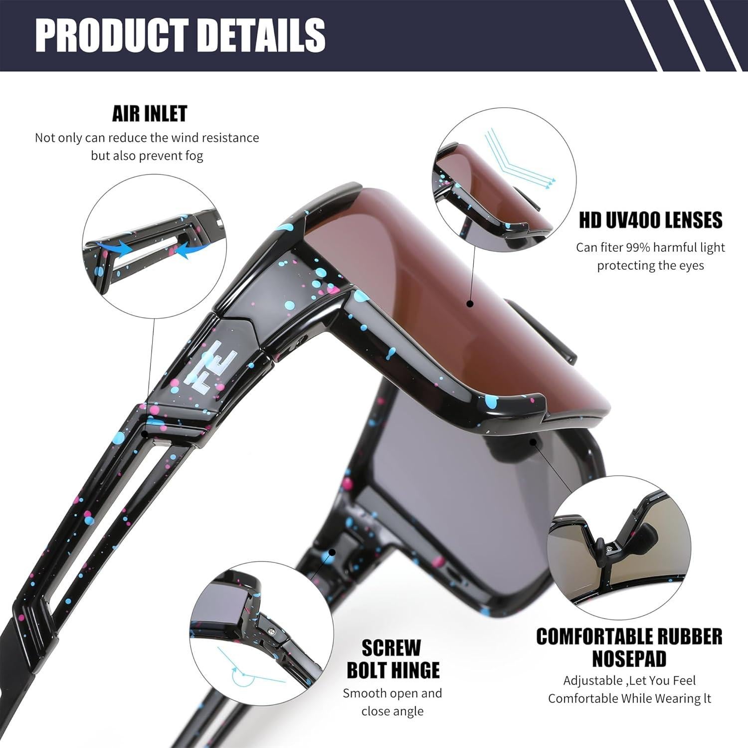 Gafas de Ciclismo FEISEDY UV400 Marco TR90 Negro Espejo Azul