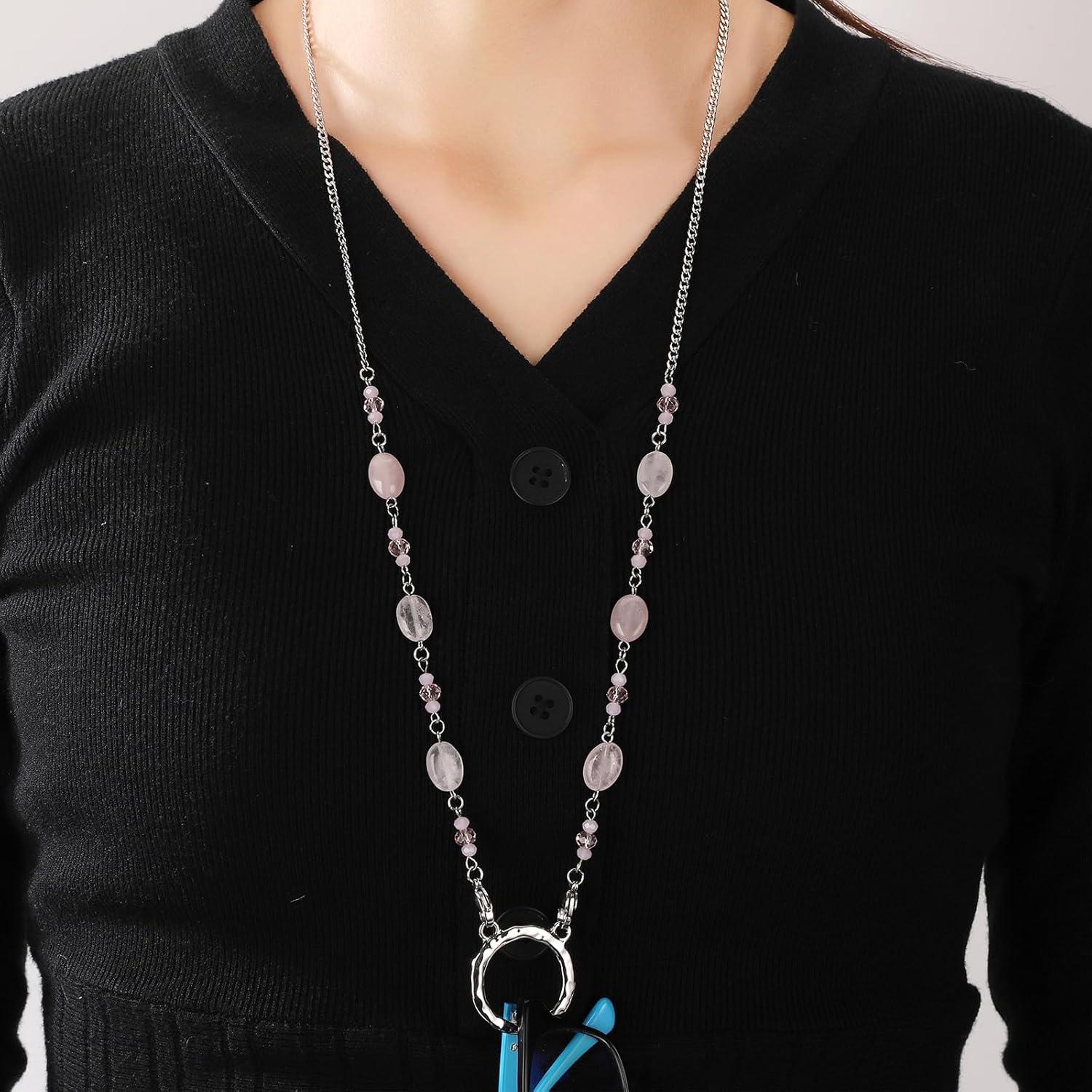 Cadena para Gafas HD-12 de Acero Inoxidable con Ágata Rosa