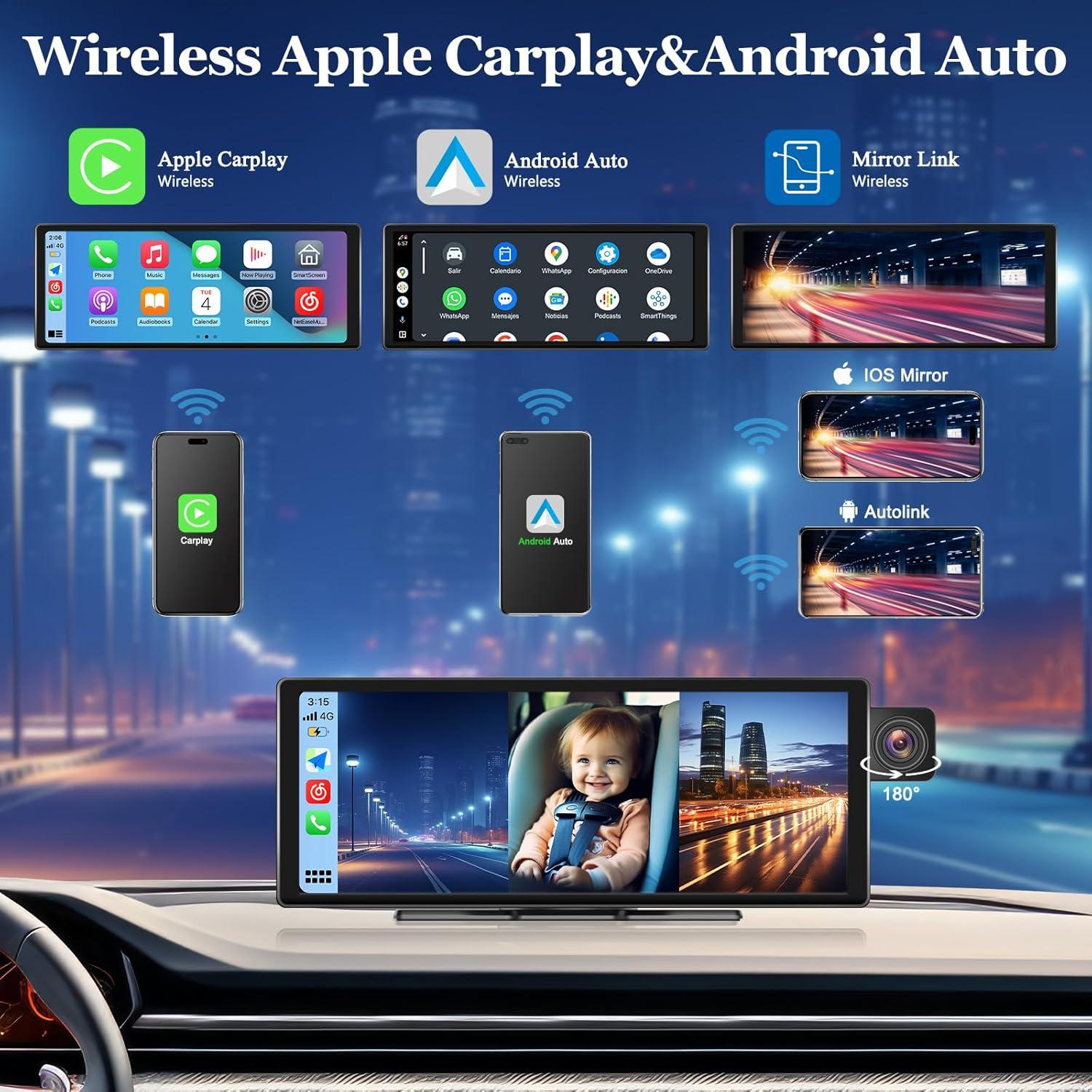 Pantalla Portátil Inalámbrica HAOKEO 10.26" HD CarPlay GPS