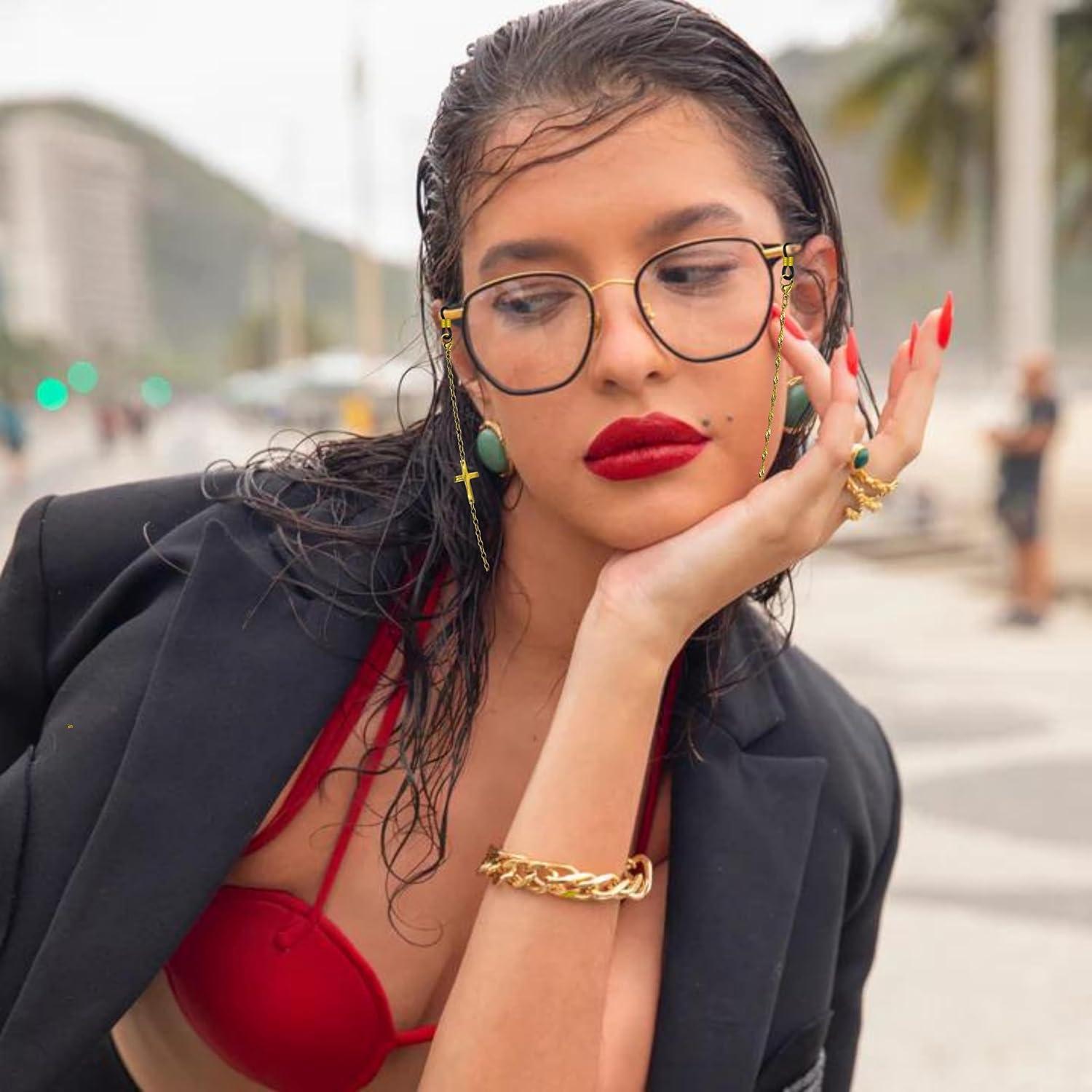 Cadena de Gafas Elegante 18k Oro para Mujeres Cruz