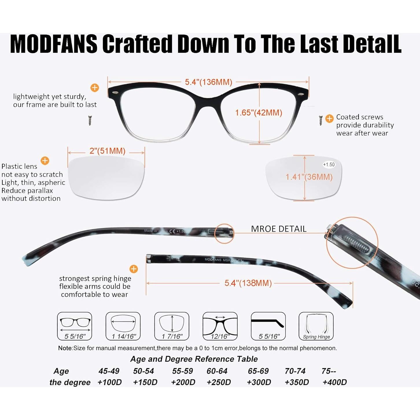 Gafas de lectura MODFANS 3 pares +3.75 con bisagra