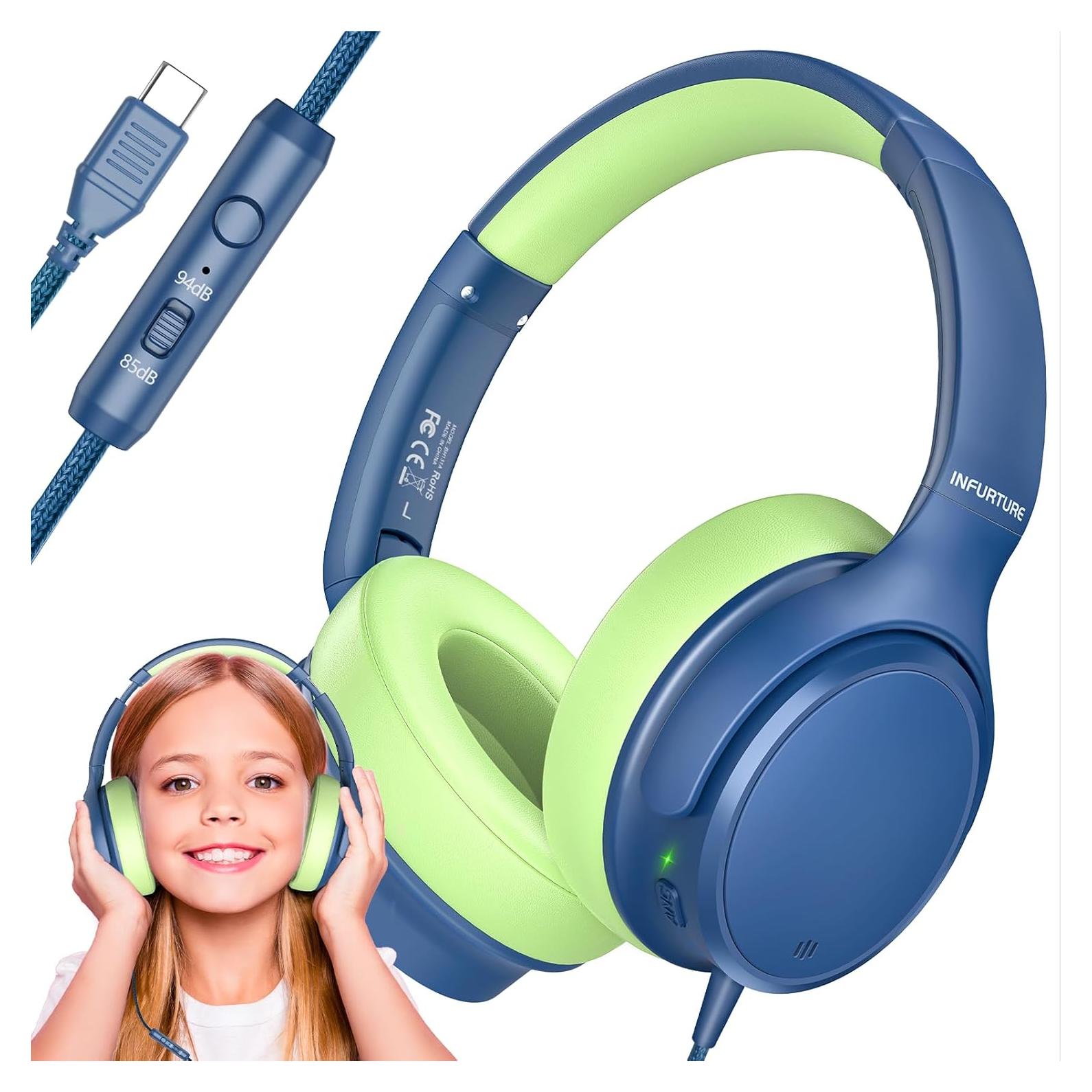 INFURTURE USB C Headphones Kid with Mic, Active Noise Cancelling Kids Headphones, 85/94dB Safe Volume Limit, Over Ear Headsets, Boys Girls Wired Headset for School/Travel, for Kids