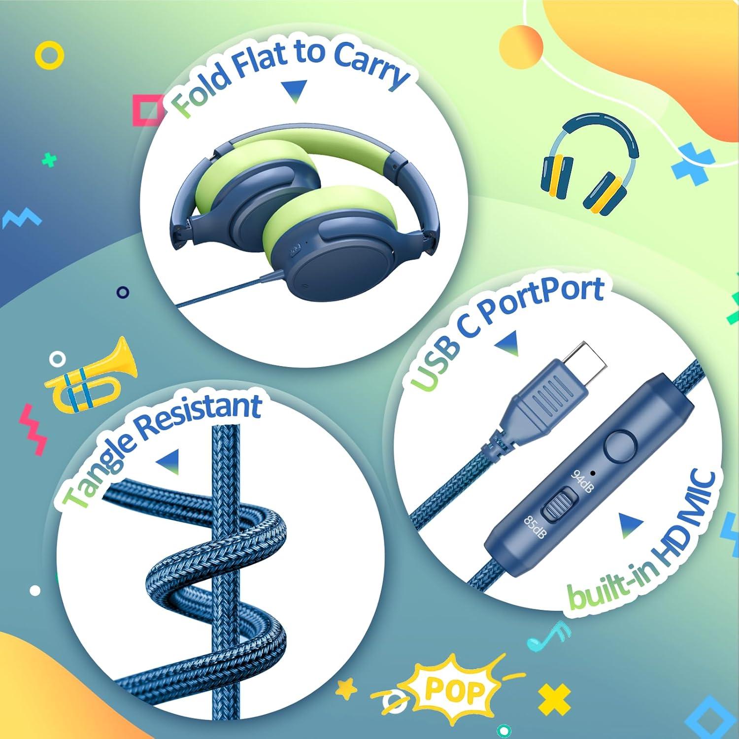 INFURTURE USB C Headphones Kid with Mic, Active Noise Cancelling Kids Headphones, 85/94dB Safe Volume Limit, Over Ear Headsets, Boys Girls Wired Headset for School/Travel, for Kids