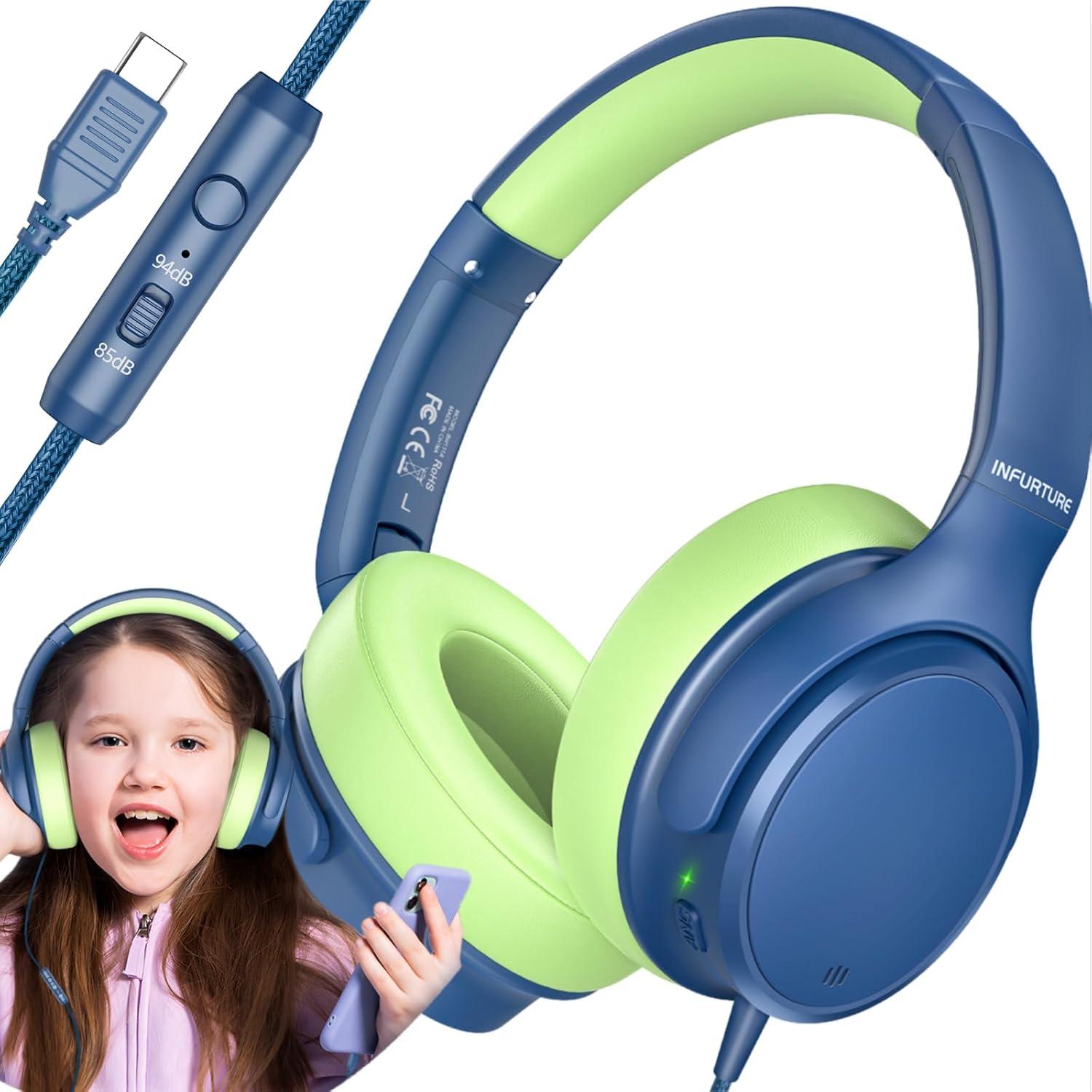 INFURTURE USB C Headphones Kid with Mic, Active Noise Cancelling Kids Headphones, 85/94dB Safe Volume Limit, Over Ear Headsets, Boys Girls Wired Headset for School/Travel, for Kids