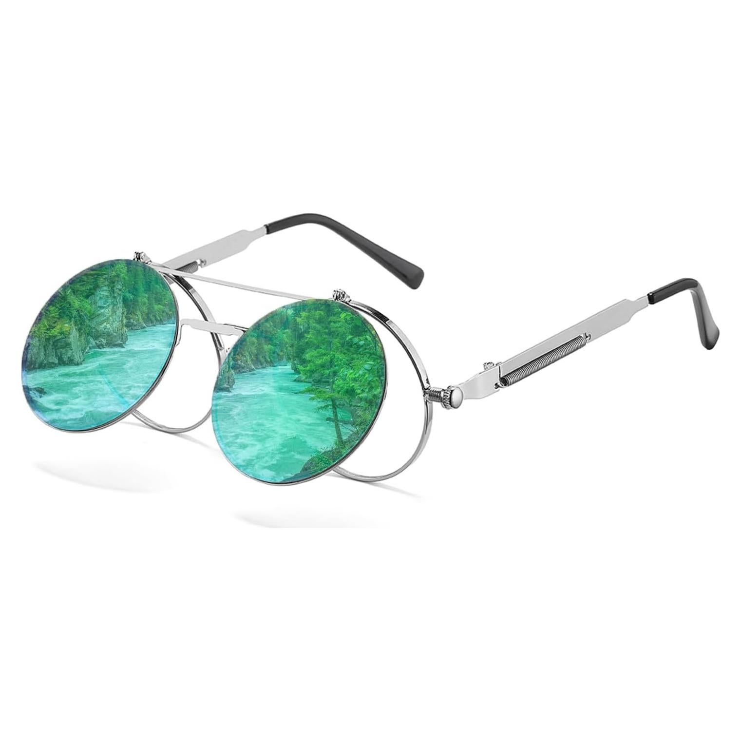 Gafas de sol redondas HJSTES plata espejo verde 50mm