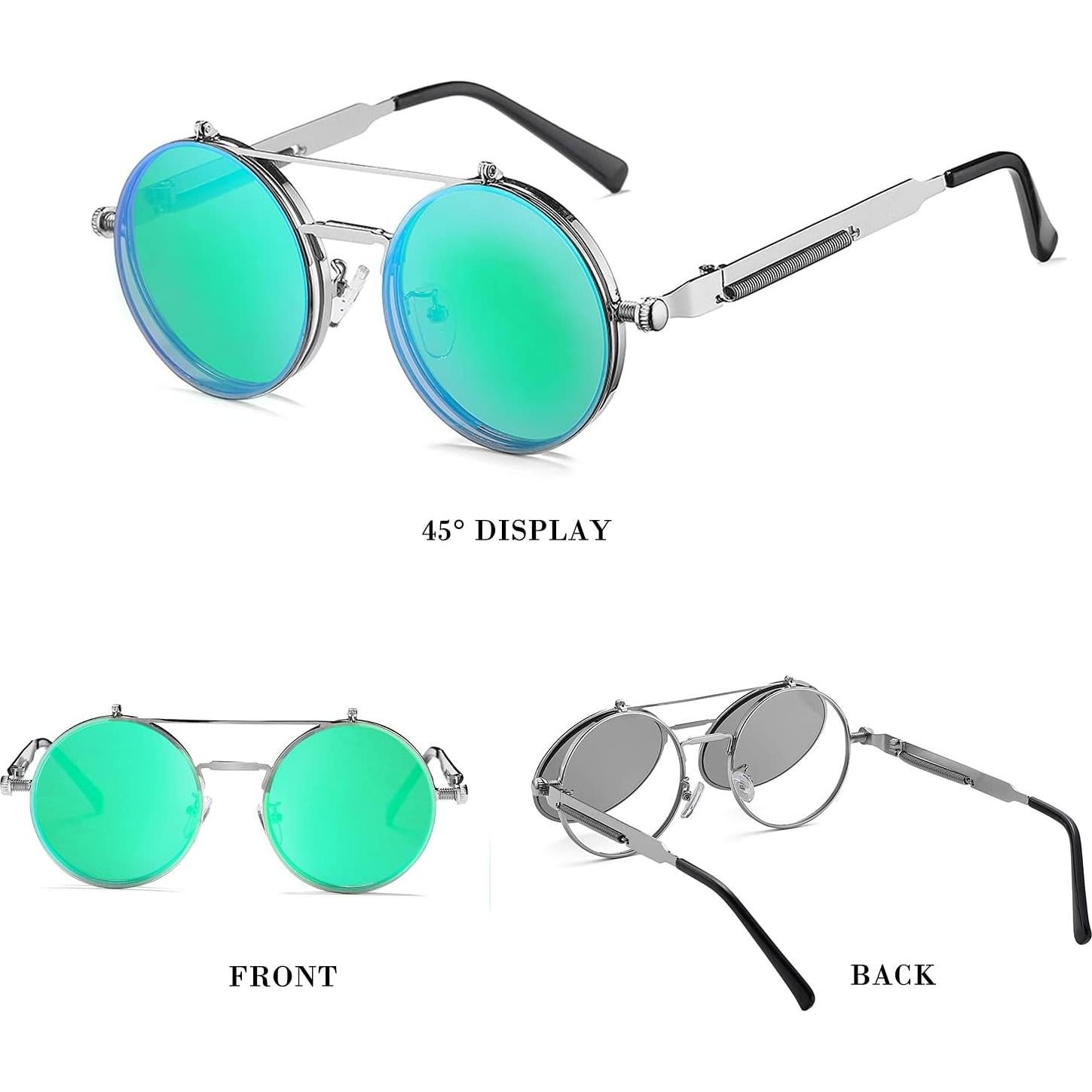 Gafas de sol redondas HJSTES plata espejo verde 50mm