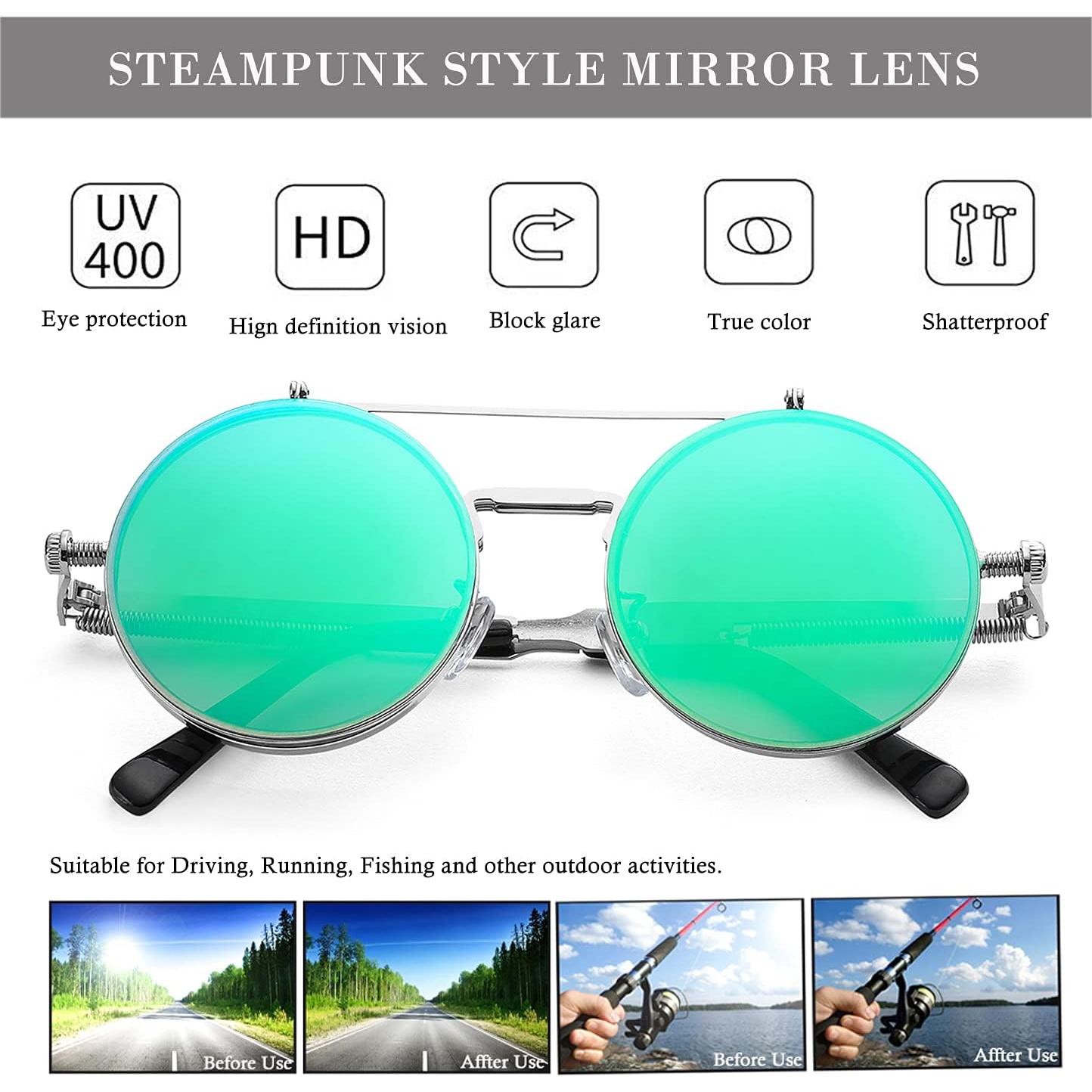 Gafas de sol redondas HJSTES plata espejo verde 50mm