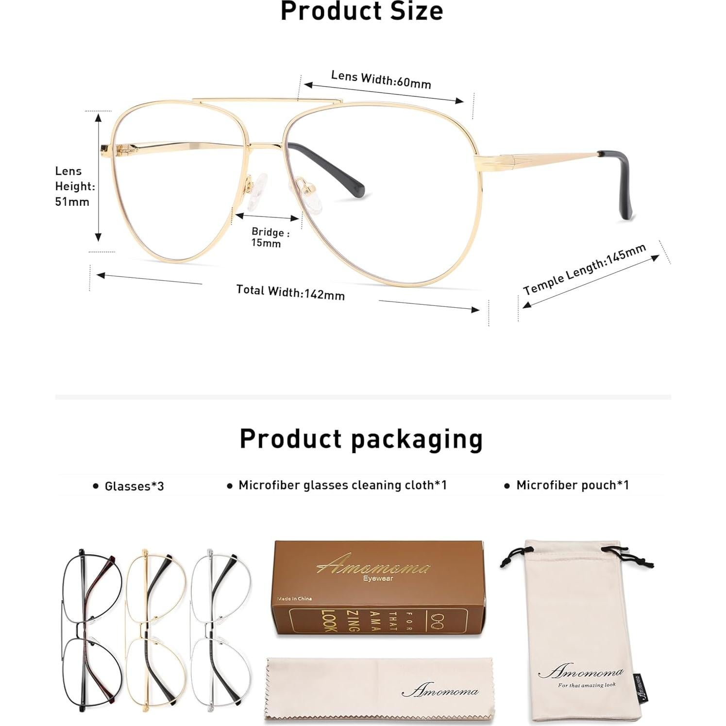 Gafas de Lectura AMOMOMA Aviador Filtro Luz Azul 3 Pzas