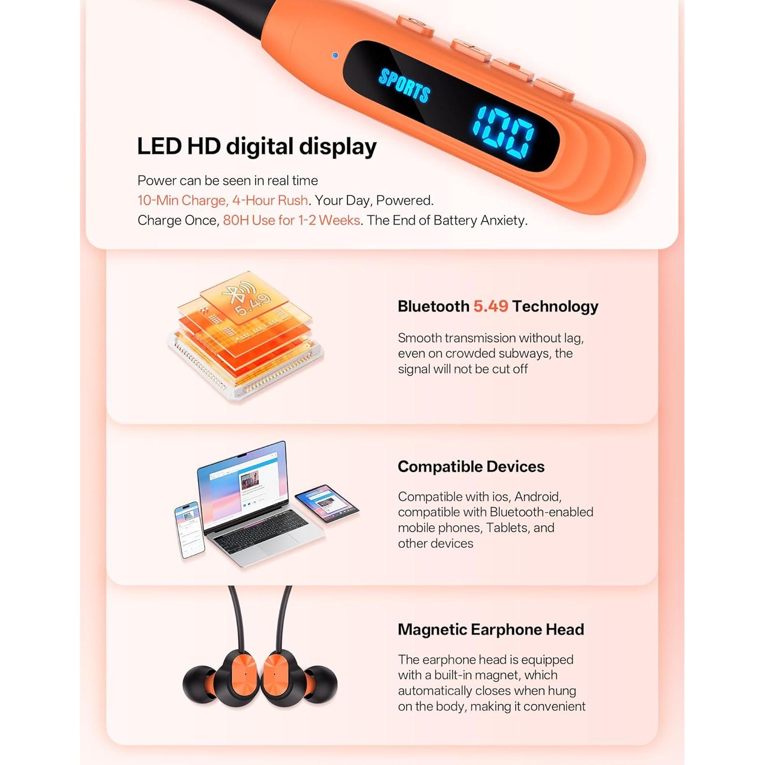 Auriculares Bluetooth Neckband JL&MI, 80 Horas Batería, LED