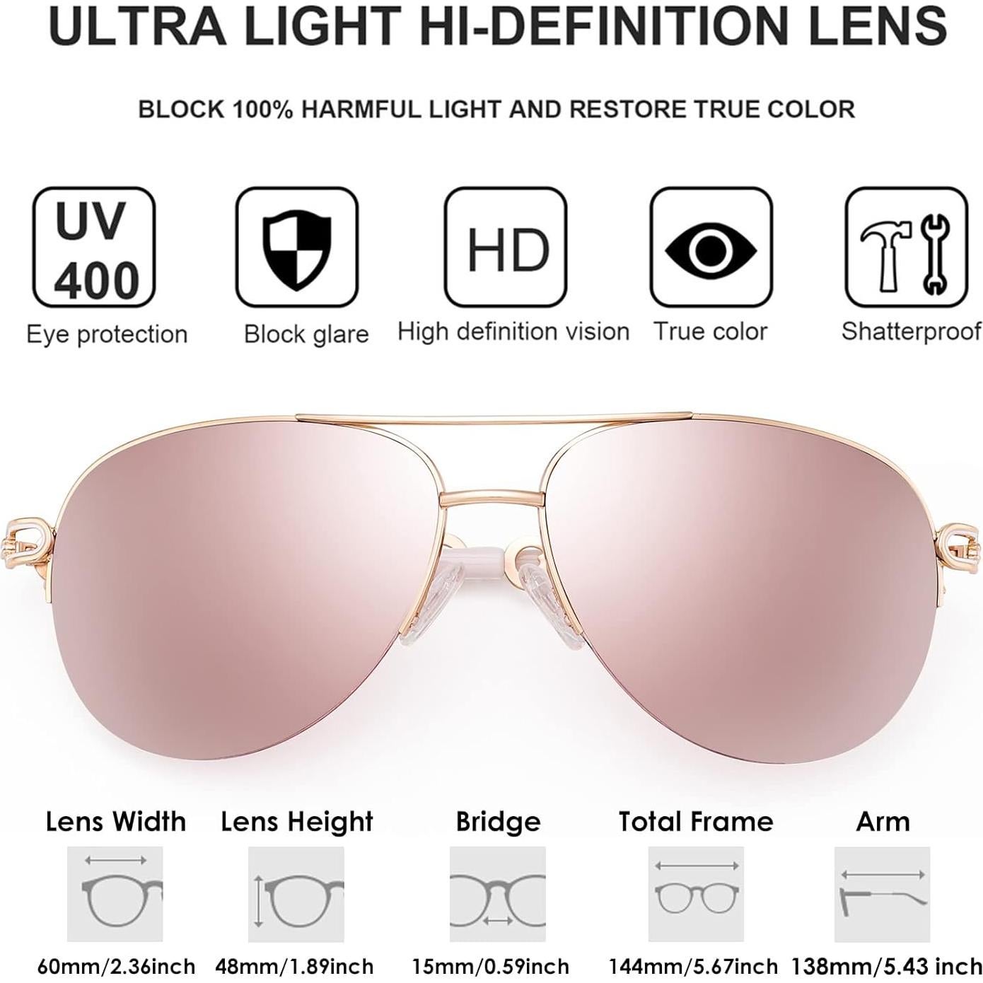 Gafas de sol aviador para mujeres UV 400 marco metal dorado