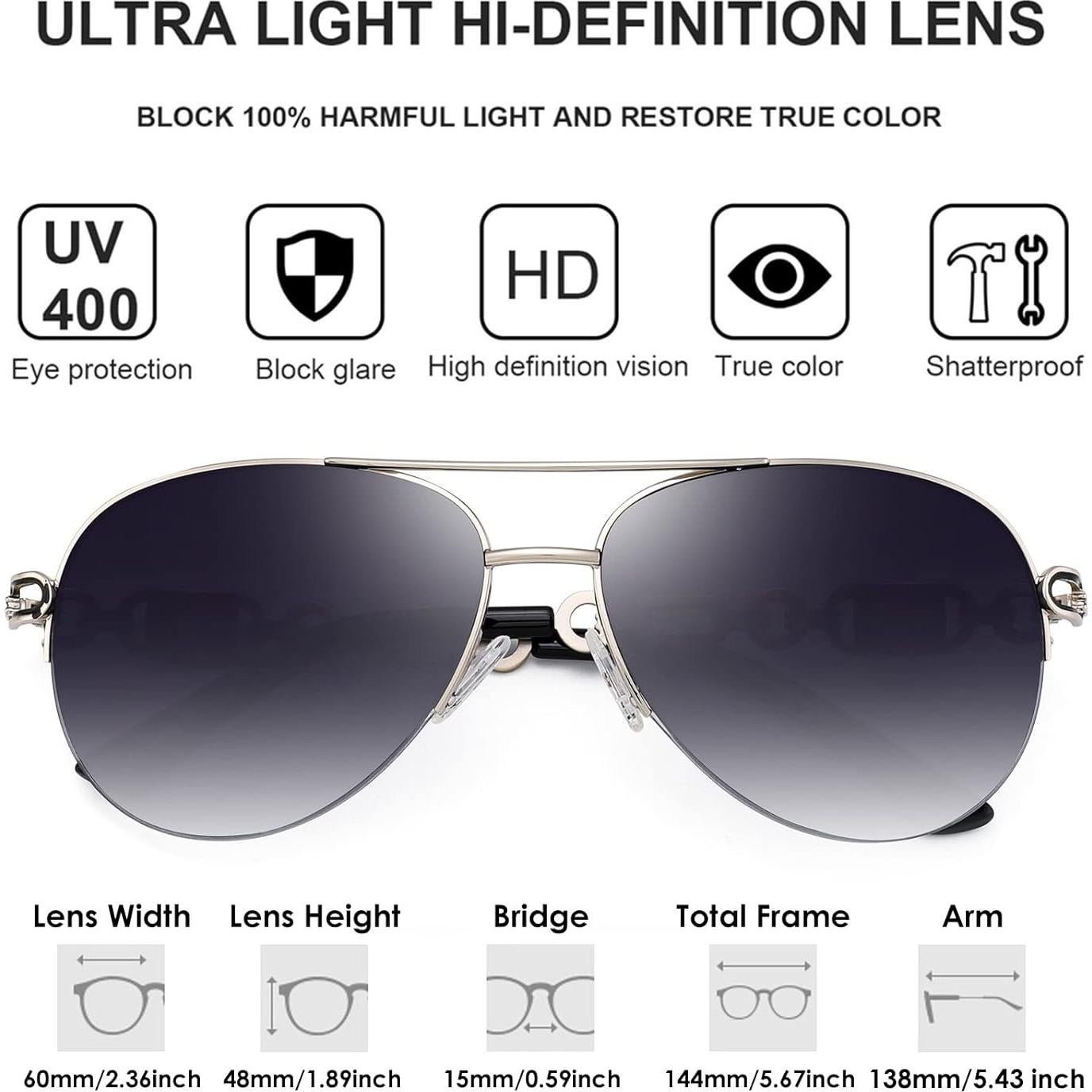 Gafas de sol aviador para mujeres UV 400 marco metal gris