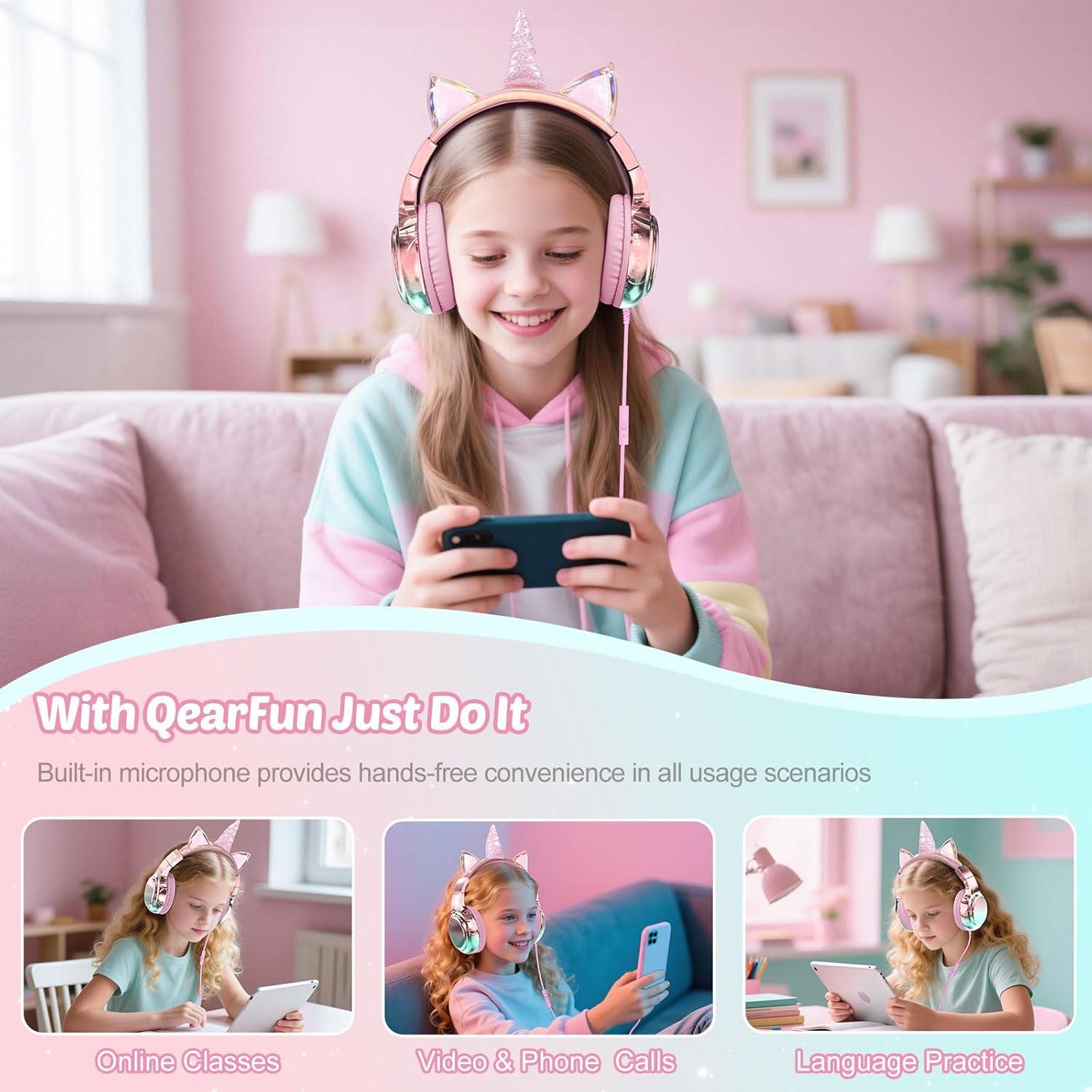 Auriculares QearFun para Niños Unicornio Rosa con Micrófono