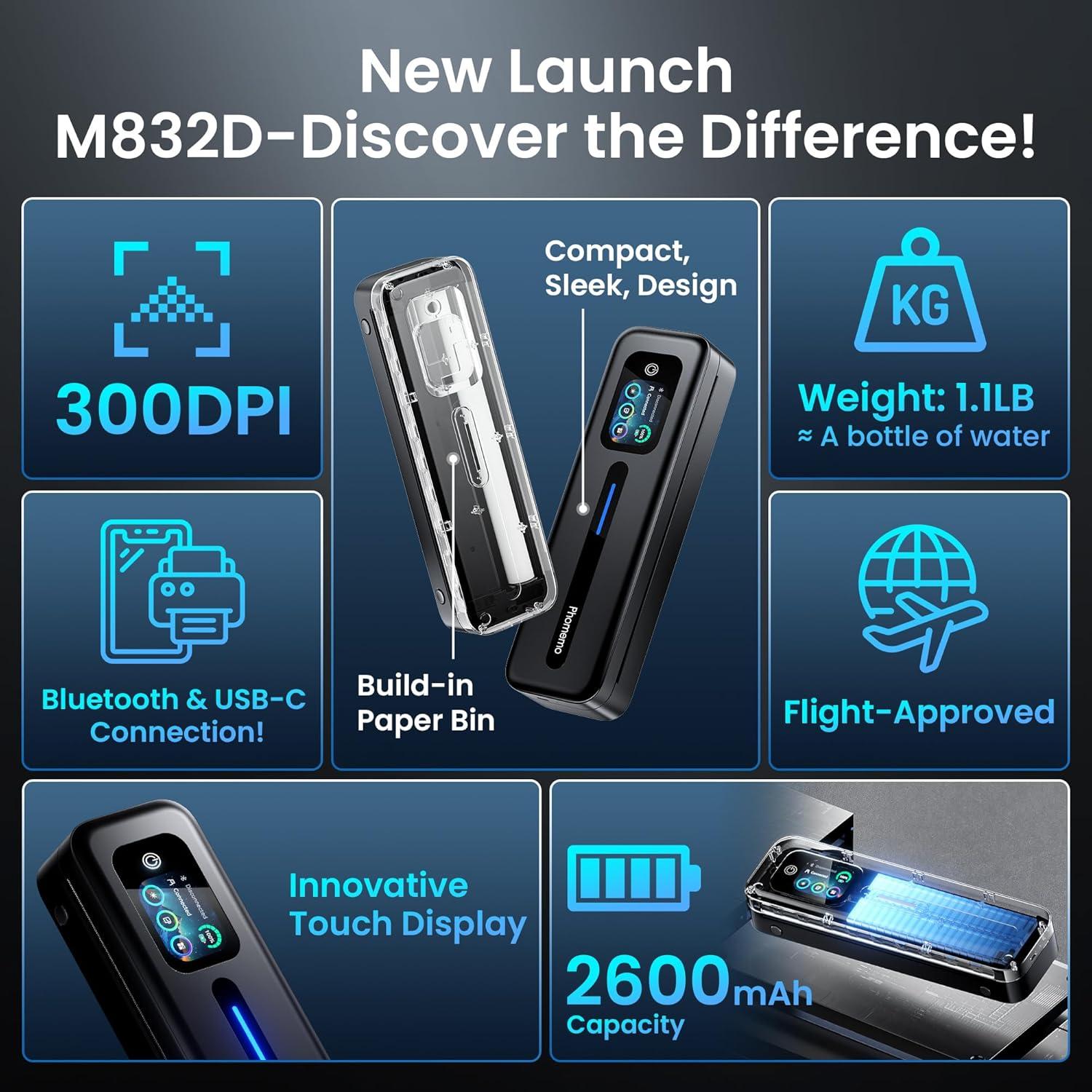 Impresora Térmica Portátil Phomemo M832D con Pantalla Táctil