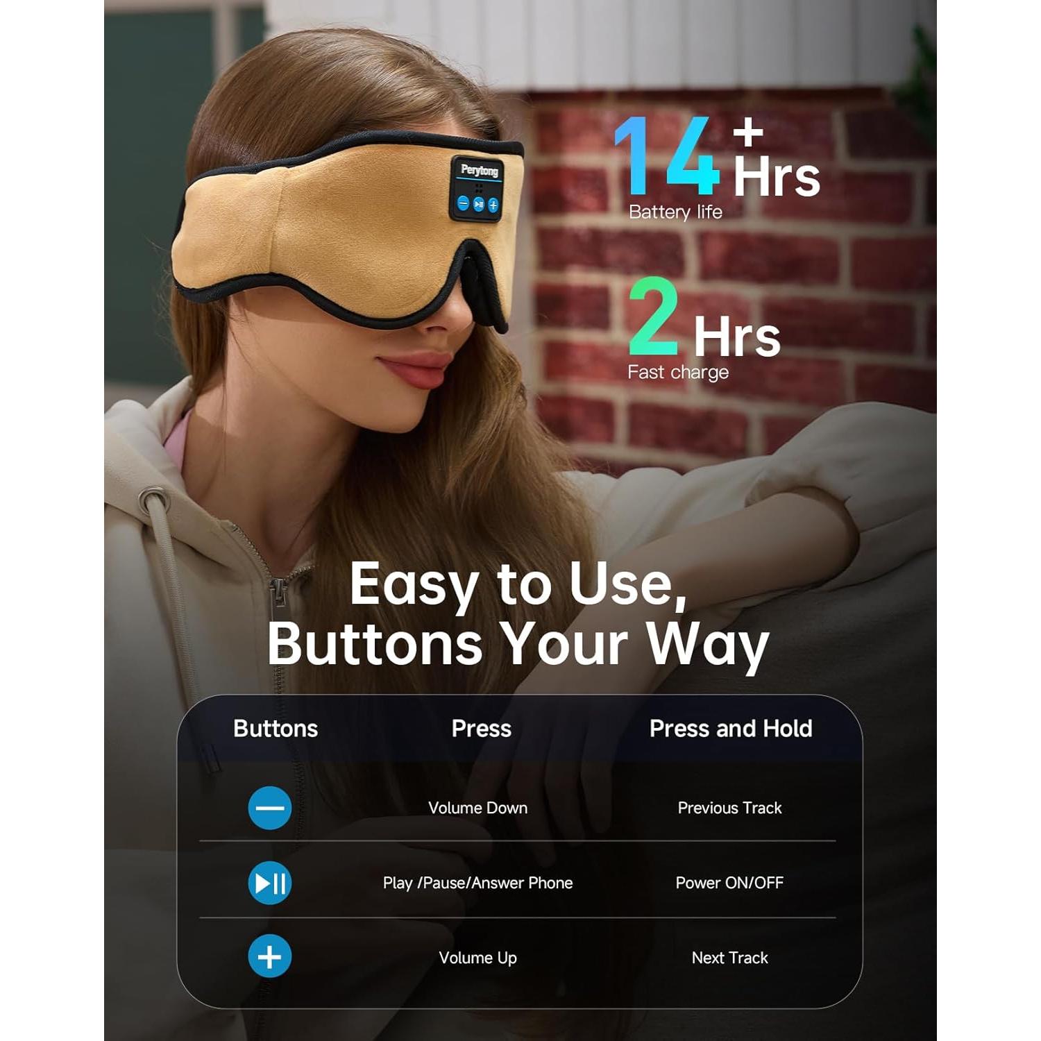 Máscara de Sueño Bluetooth Perytong 3D con Auriculares HD