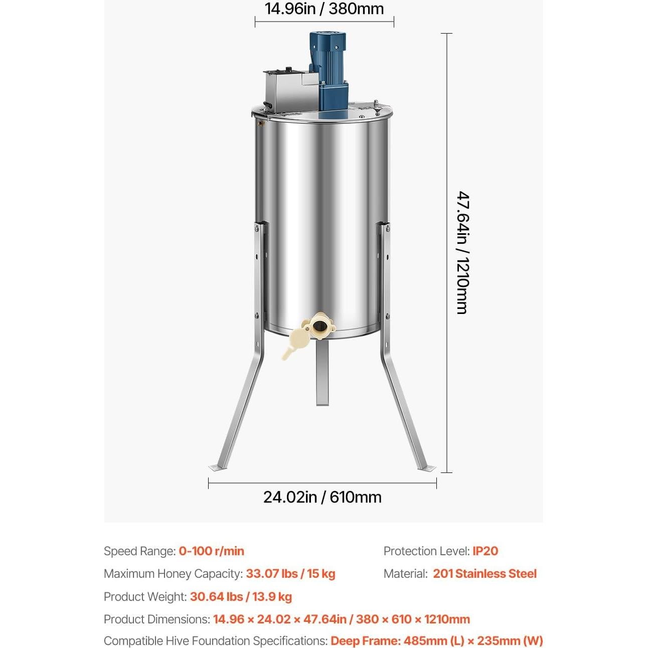 Extractor de Miel Eléctrico VEVOR 3 Marcos Acero Inoxidable