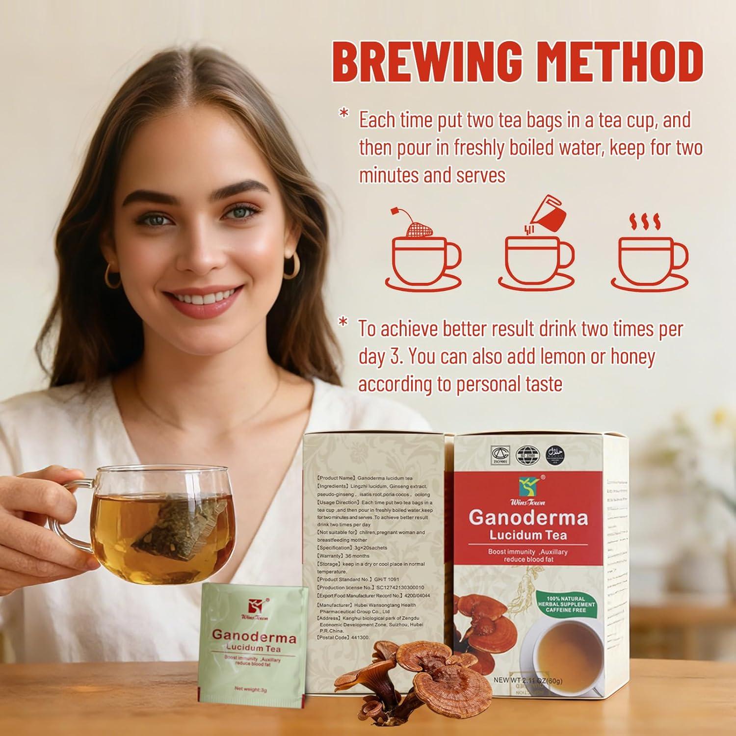 Té de Ganoderma Lucidum Wins Town, 20 Bolsitas Orgánicas