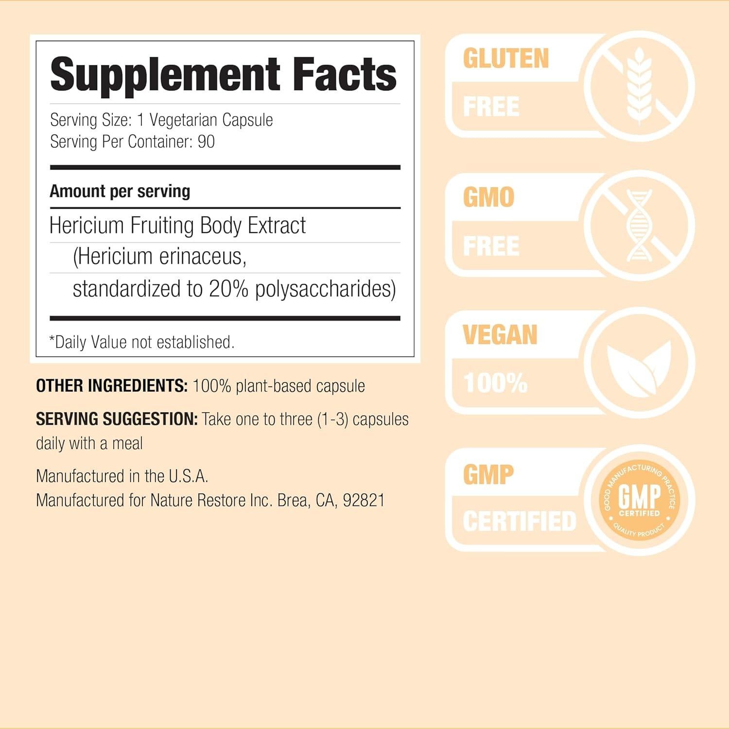 Suplemento Hericium Erinaceus Nature Restore 90 Cápsulas 500mg