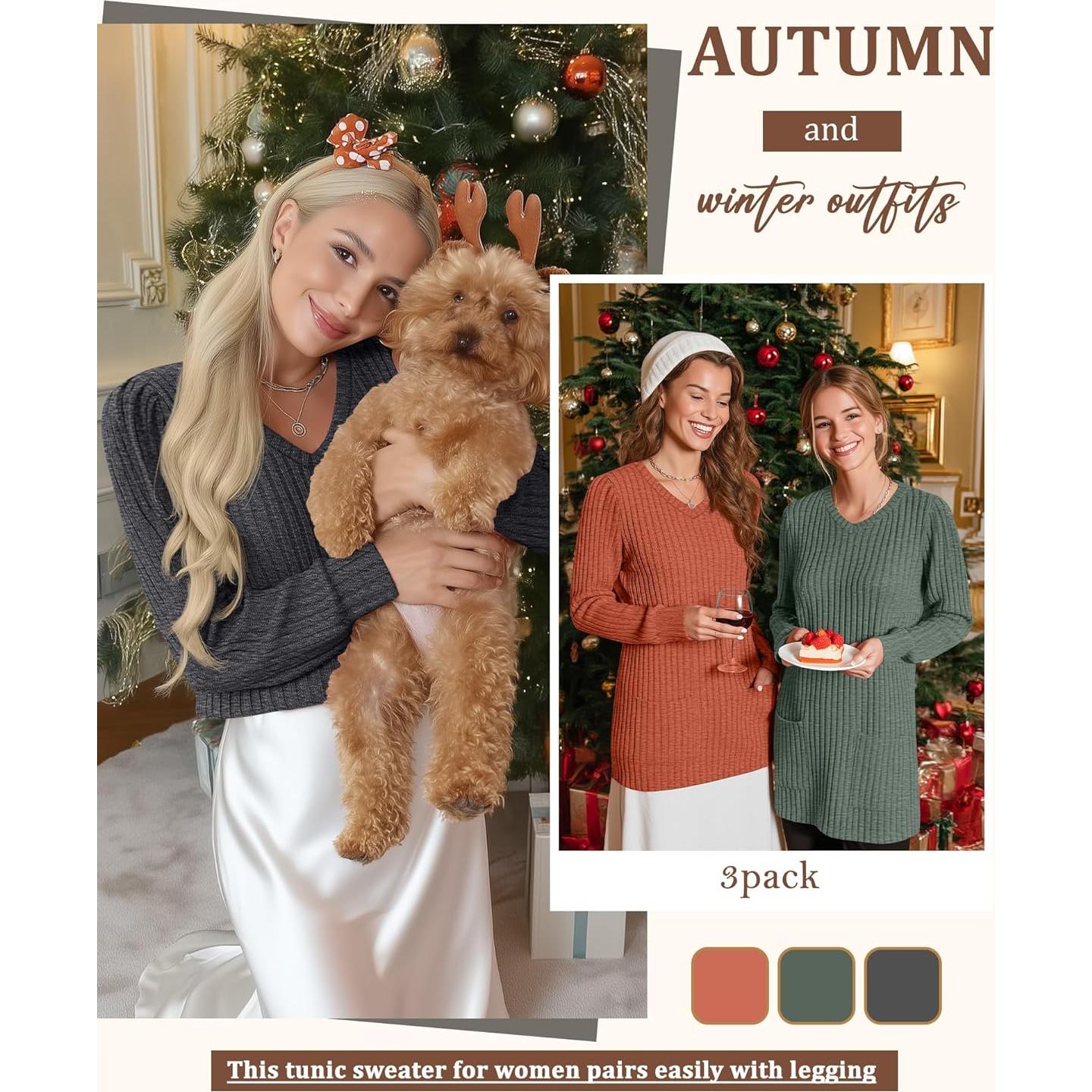 Paquete de 3 Suéteres Largos para Mujeres Oakgarden - Cuello en V