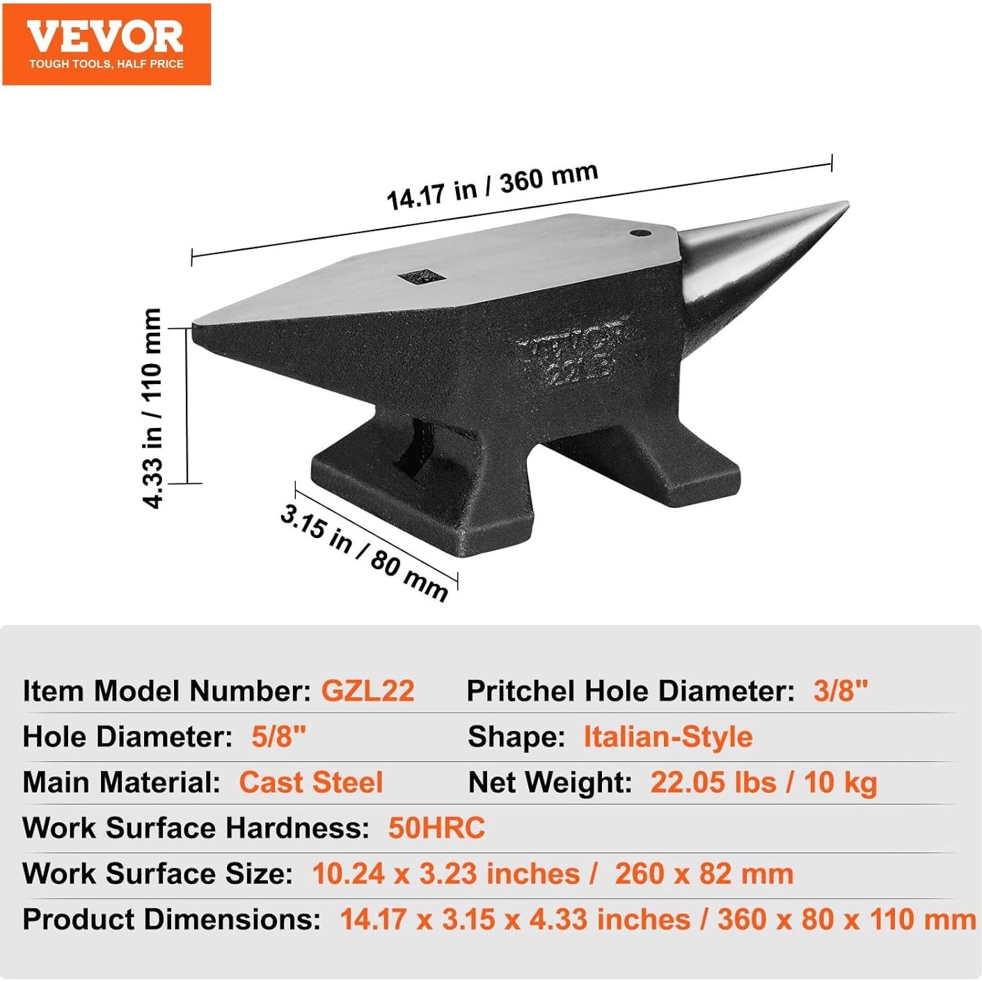 Yunque de un solo cuerno VEVOR 10 kg Acero Fundido 260x82 mm