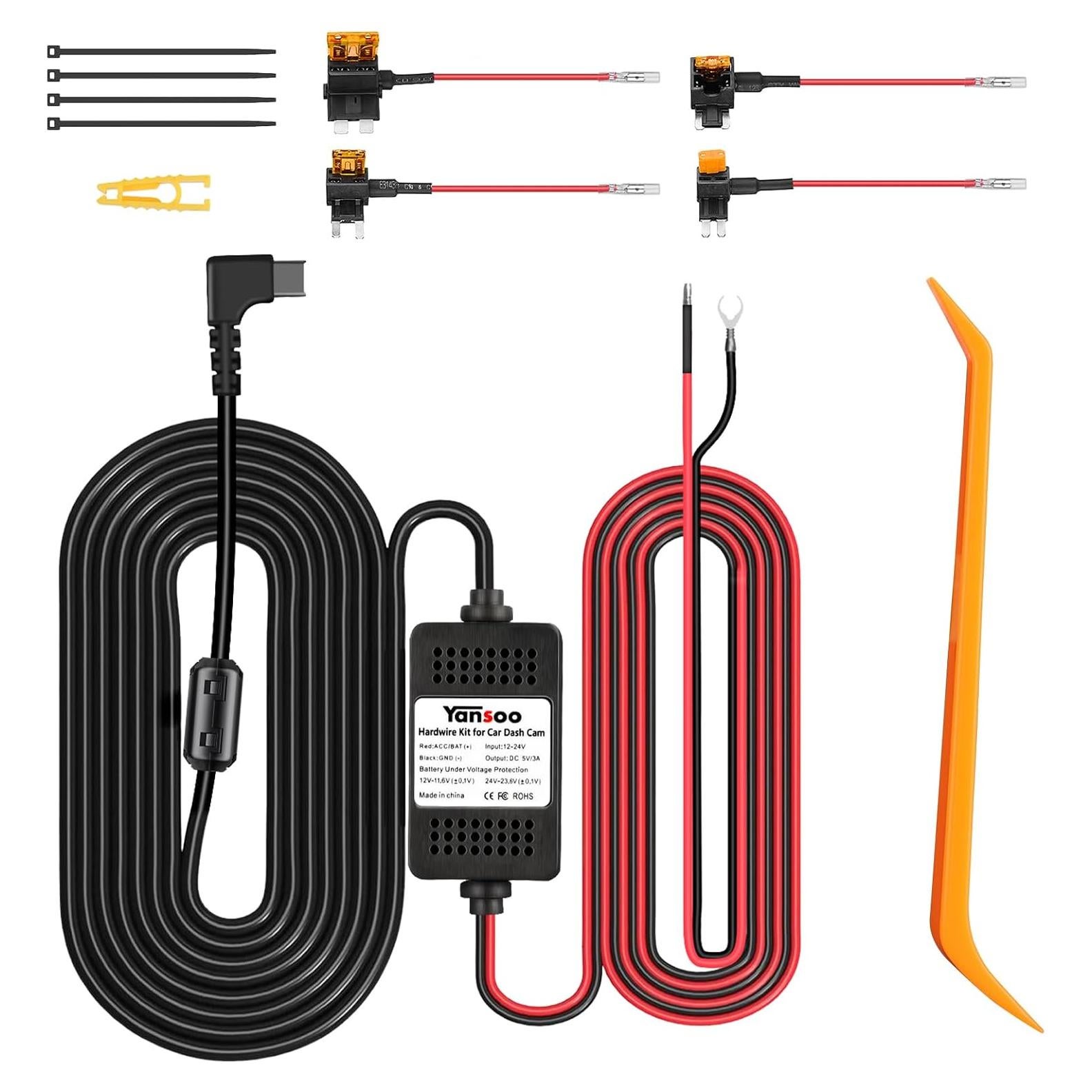 Dash Cam Hardwire Kit USB C,13ft Type-C Hard Wire Kit for Dash Camera,USB C Hard Wire Kit Fuse for Dashcam,12V-24V to 5V Hardwire Kit Car Camera Charger Power Cord with Low Voltage Protection