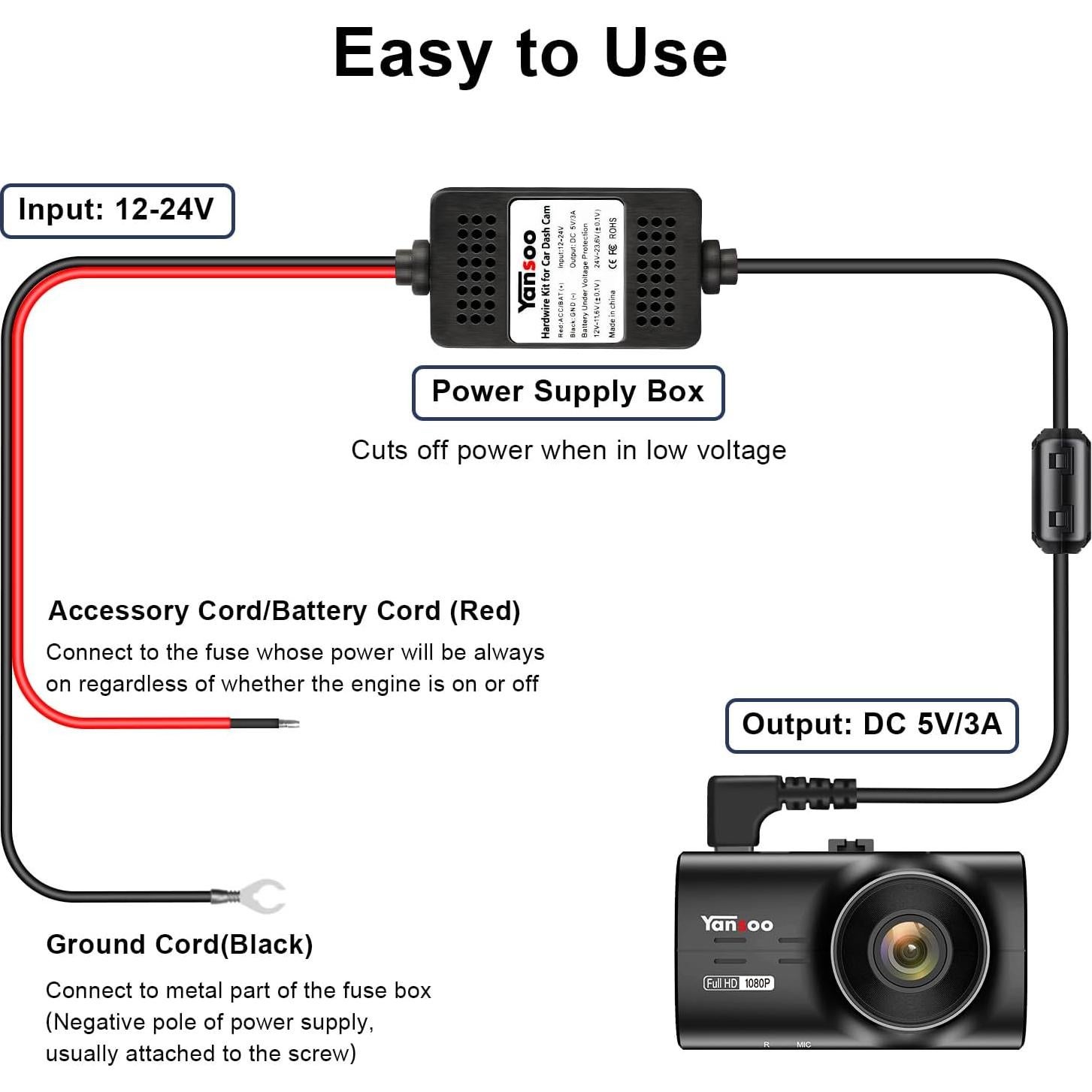 Dash Cam Hardwire Kit USB C,13ft Type-C Hard Wire Kit for Dash Camera,USB C Hard Wire Kit Fuse for Dashcam,12V-24V to 5V Hardwire Kit Car Camera Charger Power Cord with Low Voltage Protection