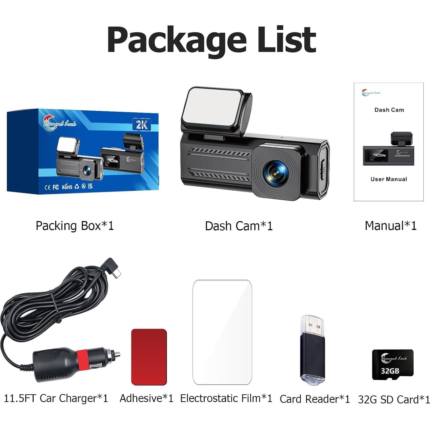 Cámara de tablero 2K Diamond Lark LF-J18 con WiFi y 32GB