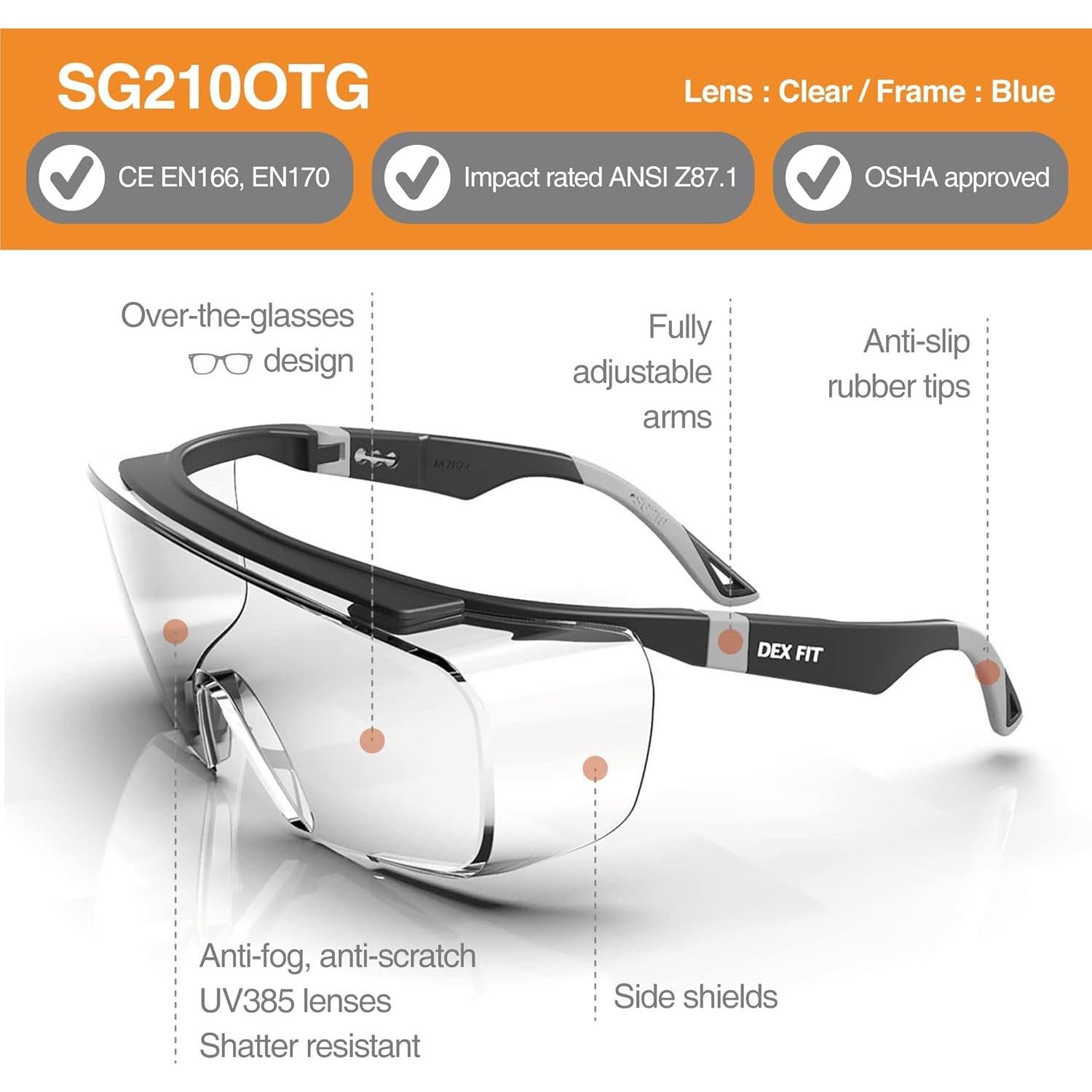 Gafas de Seguridad DEX FIT SG210 OTG, 6 Pares, Antifog UV385