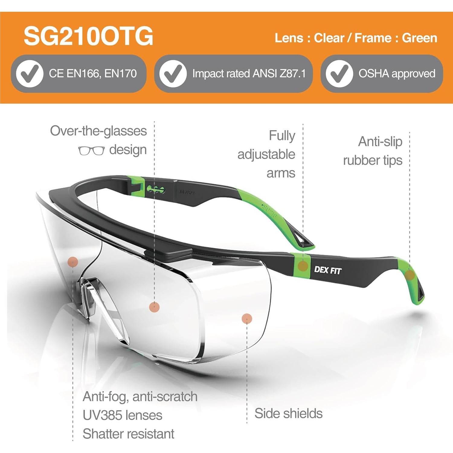 Gafas de Seguridad DEX FIT SG210 OTG - 6 Pares, Antifog UV385