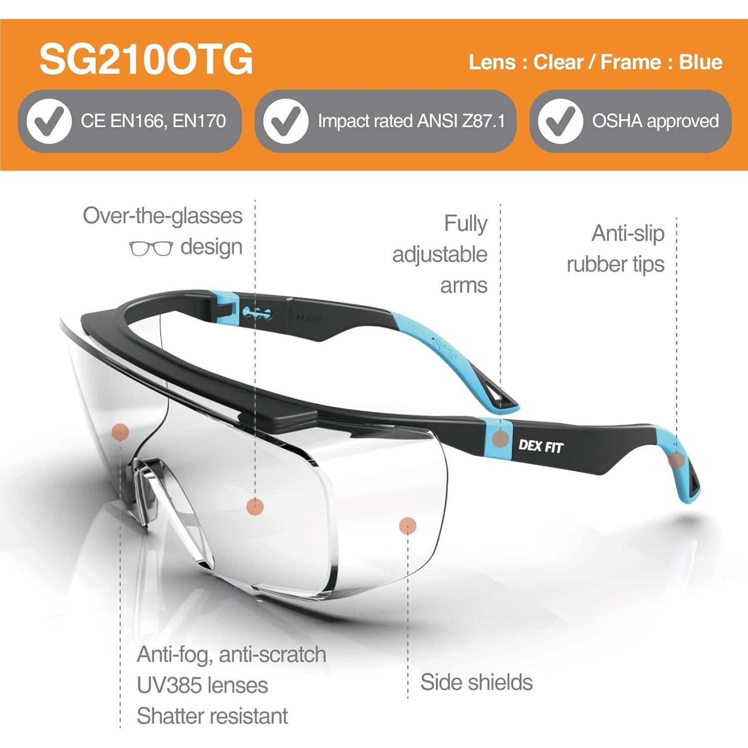 Gafas de Seguridad DEX FIT SG210 OTG, 6 Pares, Antifog UV385
