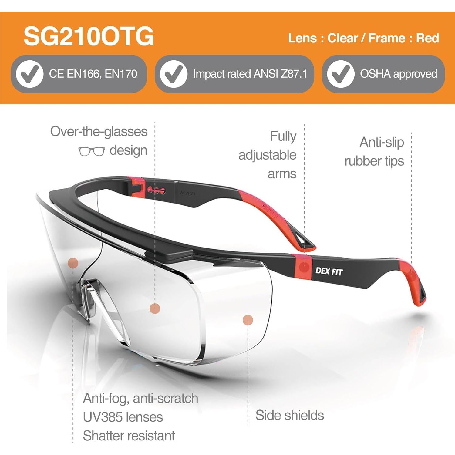 Gafas de Seguridad DEX FIT SG210 OTG - 6 Pares, UV385