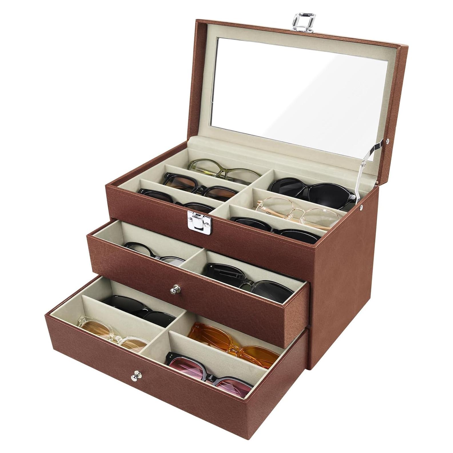 Estuche Organizador de Gafas de Sol 18 Compartimentos Cuero