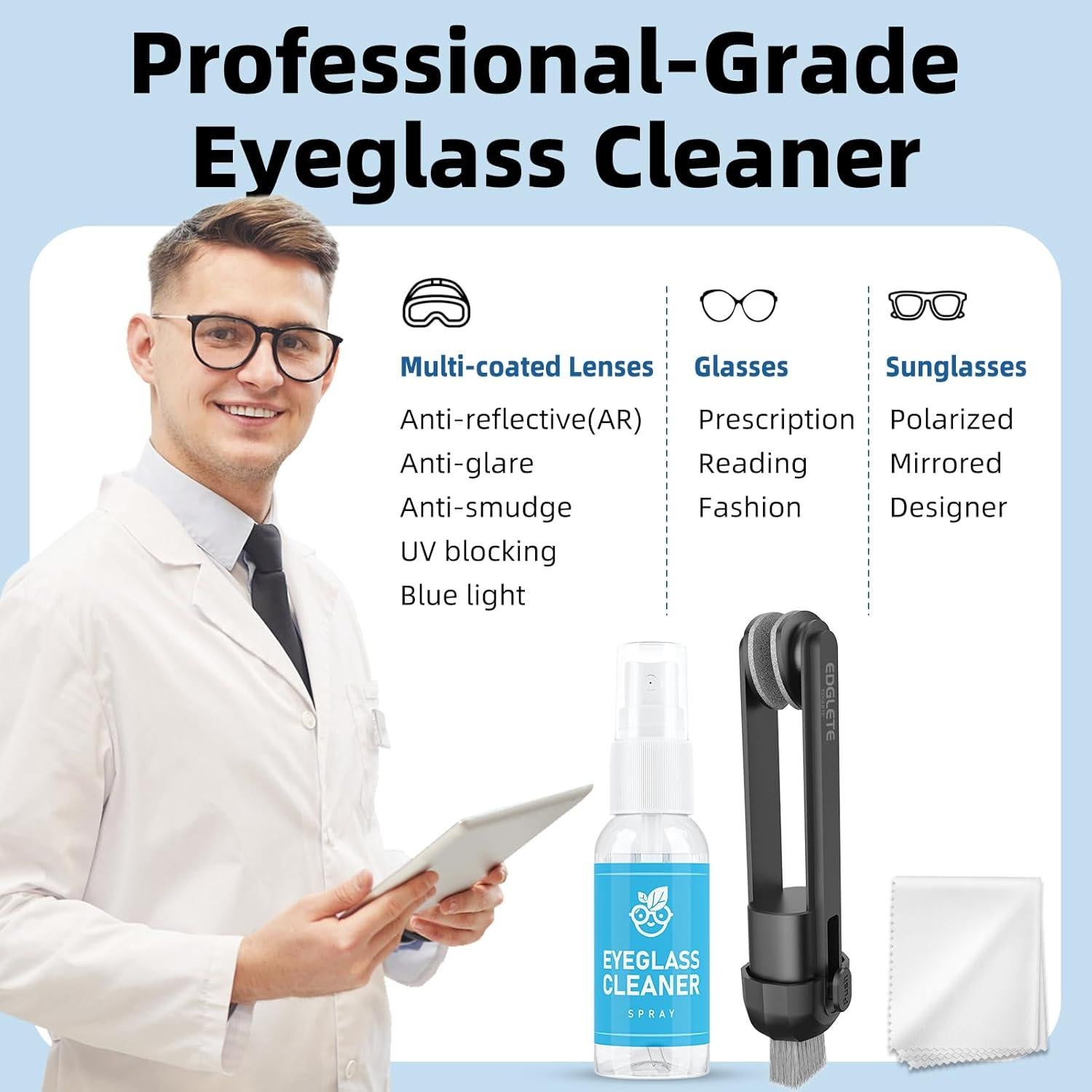 Kit de limpieza de gafas Edglete con spray y paño microfibra